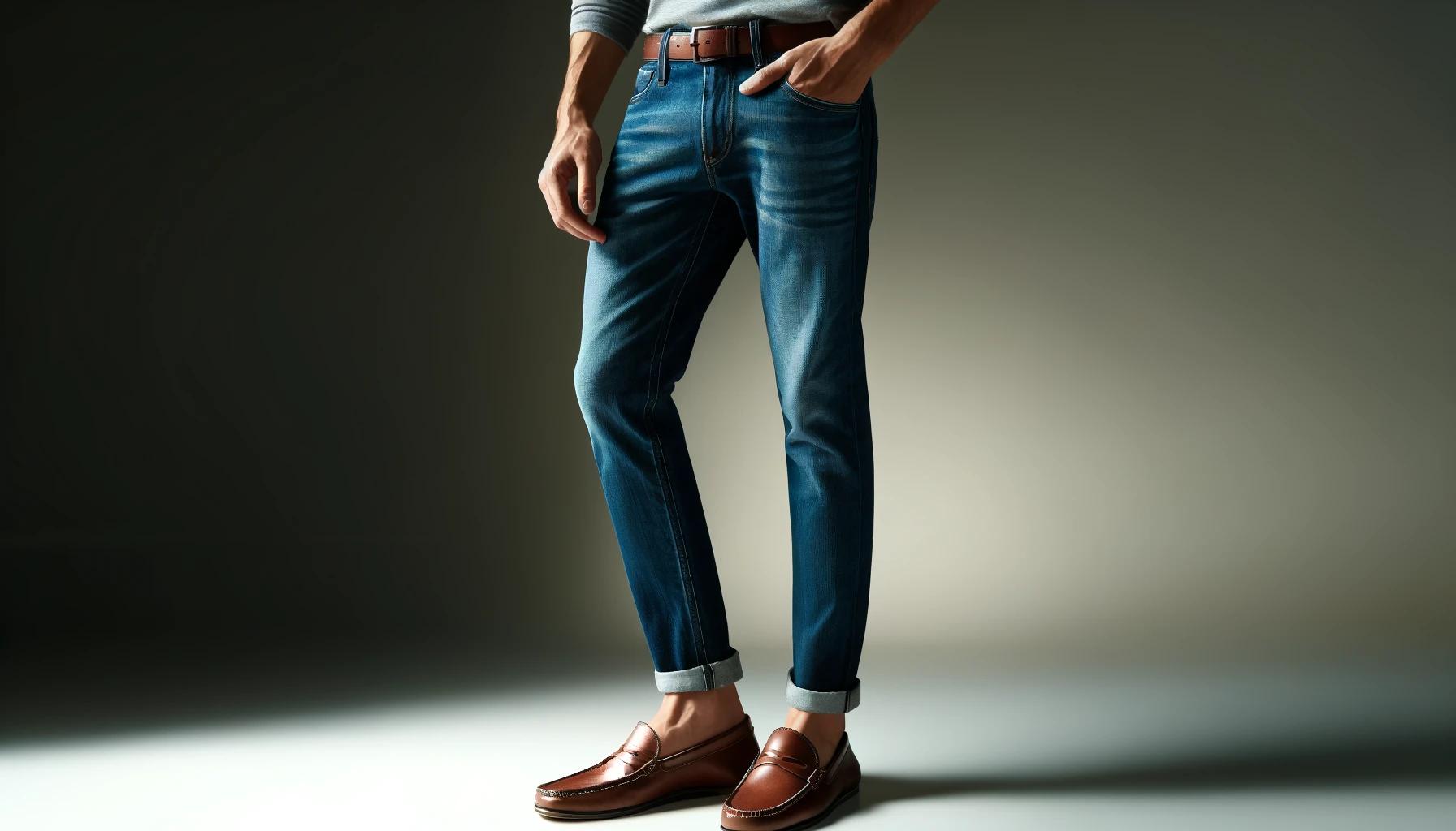 DALL·E-2024-04-22-09.05.56-A-photograph-style-image-displaying-a-pair-of-classic-blue-denim-jeans.-The-image-captures-the-jeans-from-the-waist-down-to-the-shoes.-The-fit-is-slim