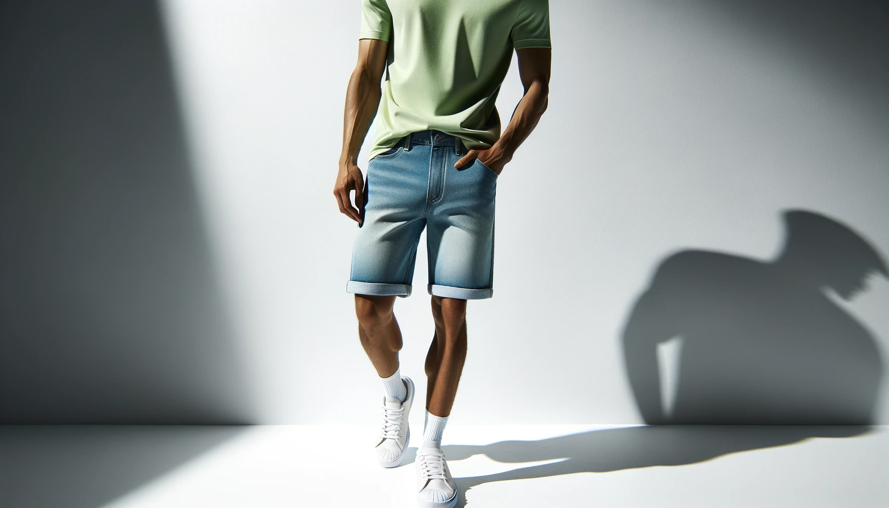 DALL·E-2024-04-22-09.10.50-A-photograph-style-image-featuring-a-man-in-a-summer-casual-outfit.-The-man-is-wearing-knee-length-light-blue-denim-shorts-with-a-white-hem.-Hes-pai