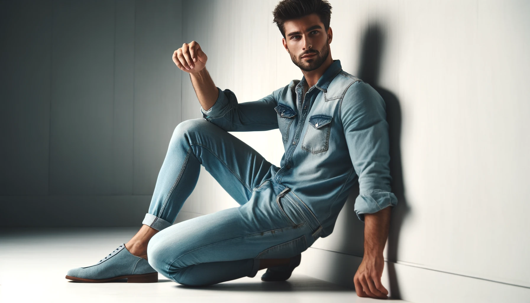 DALL·E-2024-04-22-09.58.17-A-photograph-style-image-featuring-a-man-in-a-stylish-light-blue-denim-outfit.-The-man-is-wearing-a-denim-shirt-with-front-pockets-and-light-fading-p