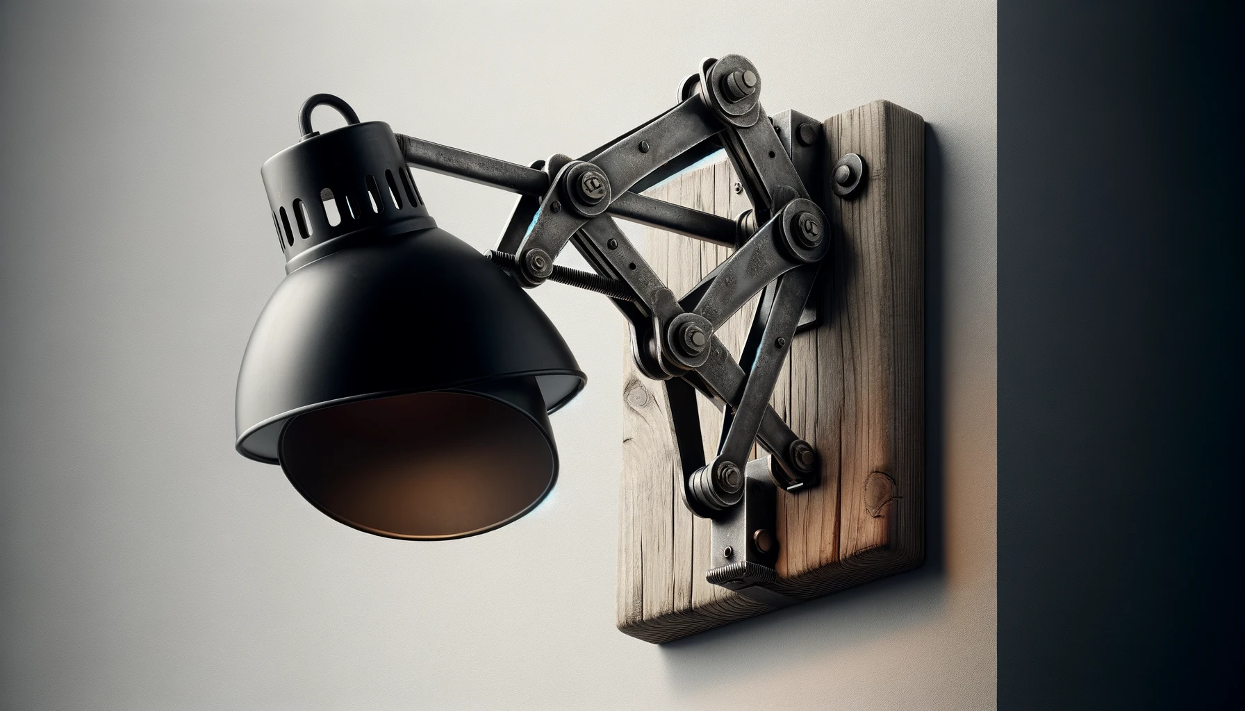 DALL·E-2024-04-22-11.14.12-An-industrial-style-wall-mounted-lamp-featuring-a-scissor-accordion-extension-mechanism.-The-mounting-plate-is-a-rough-rectangular-piece-of-wood-wit