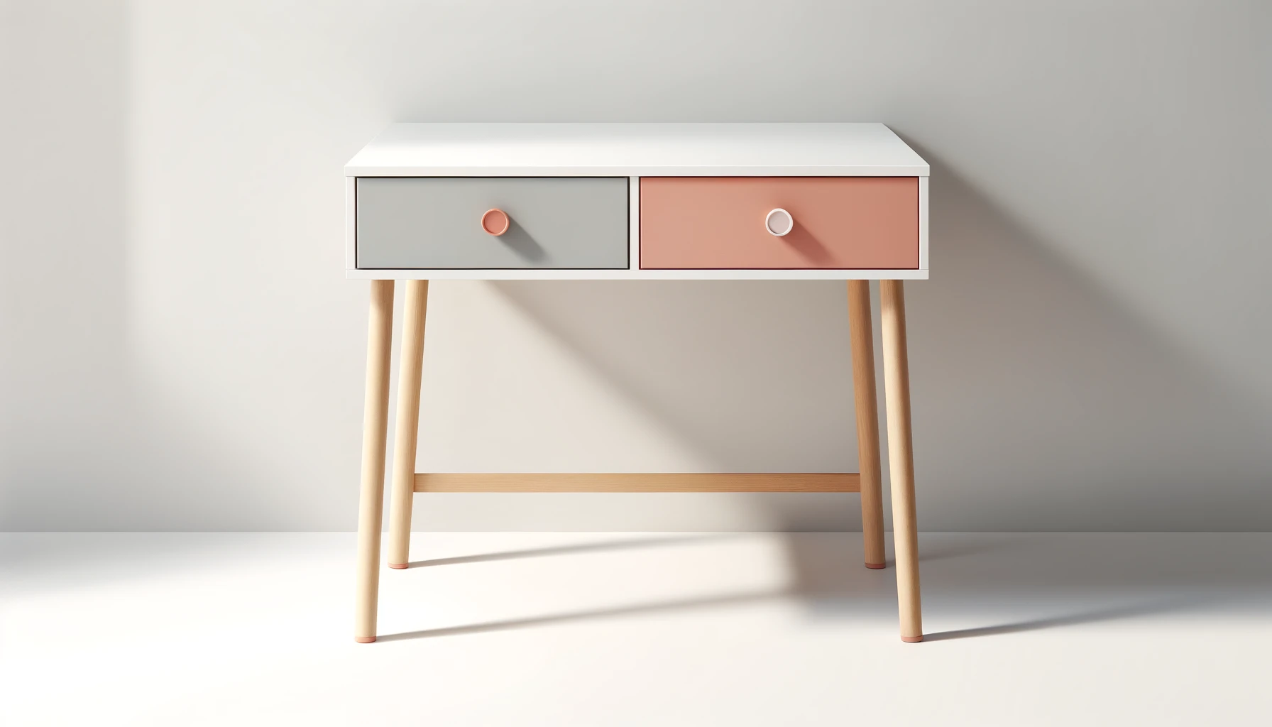 DALL·E-2024-04-22-11.24.08-A-Scandinavian-style-desk-with-a-minimalist-design.-The-desk-has-a-white-tabletop-with-one-gray-drawer-on-the-left-and-one-pink-drawer-on-the-right-e