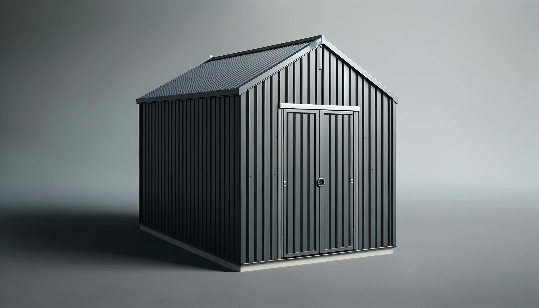 DALL·E-2024-04-29-13.53.11-An-image-in-full-HD-16_9-aspect-ratio-of-a-modern-metal-storage-shed.-It-features-a-gabled-roof-and-is-entirely-in-a-dark-gray-color.-The-structure-
