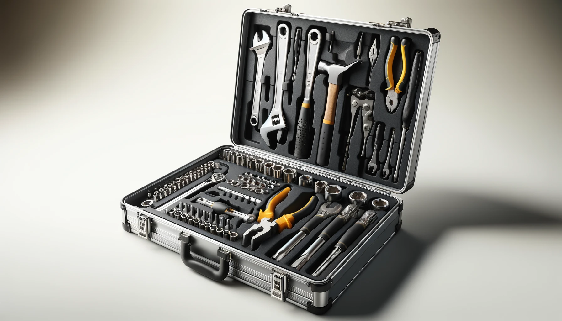 DALL·E-2024-04-29-16.36.48-Create-a-16_9-HD-image-of-an-open-tool-kit-case.-The-case-should-be-metallic-with-corners-reinforced-with-polished-metal.-Inside-an-assortment-of-han