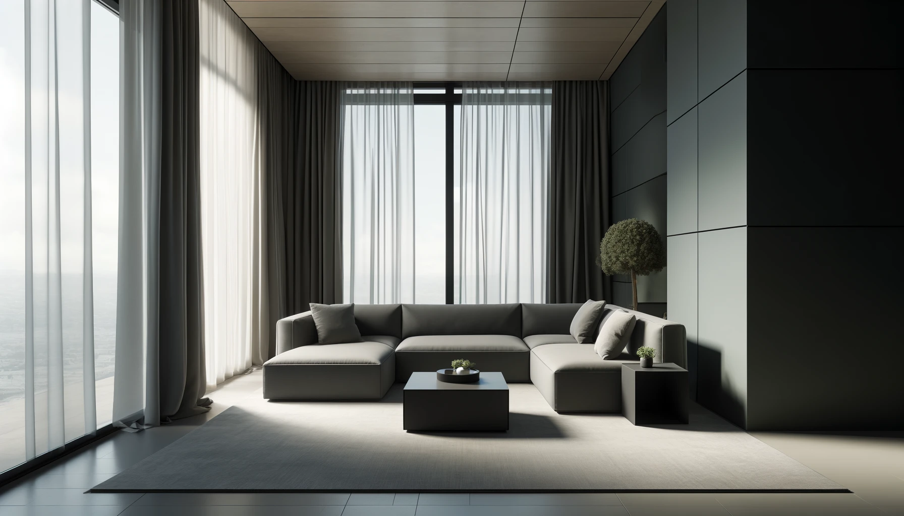 DALL·E-2024-04-30-09.24.27-An-image-of-a-modern-corner-lounge-set-in-a-minimalist-indoor-setting.-The-lounge-set-includes-a-sectional-sofa-in-dark-gray-and-a-small-square-coffe