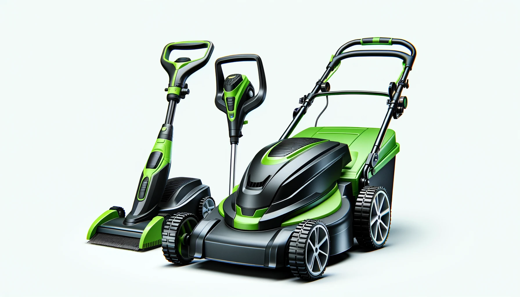 DALL·E-2024-04-30-11.08.41-A-set-of-gardening-tools-including-an-electric-lawn-mower-and-a-grass-trimmer-both-in-vibrant-green-and-black.-The-lawn-mower-is-compact-with-a-rear-