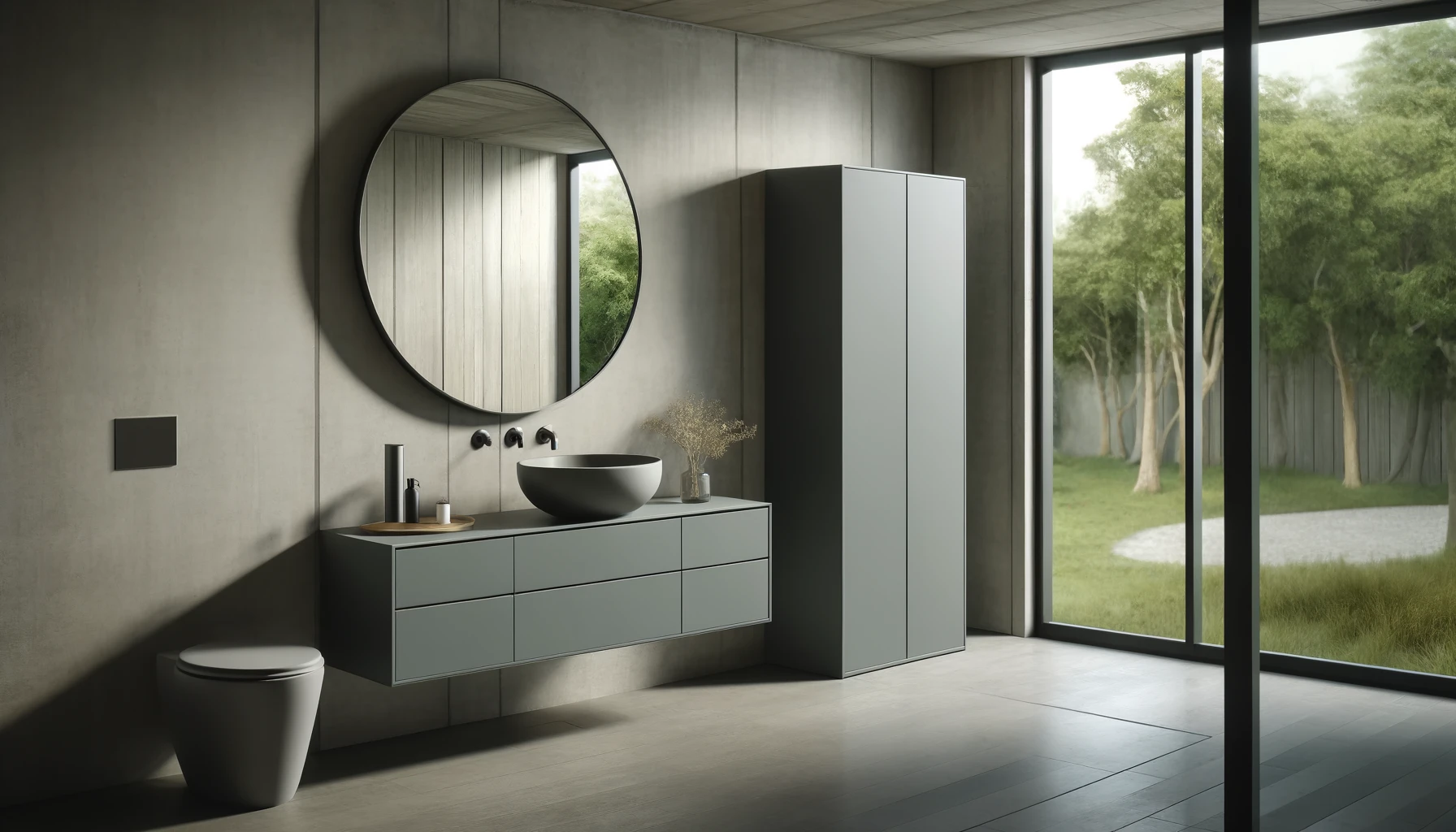 DALL·E-2024-04-30-11.48.10-A-modern-bathroom-featuring-a-large-round-mirror-and-a-gray-sink-set-against-a-concrete-wall.-Next-to-the-sink-is-a-tall-and-narrow-storage-unit-in-a-