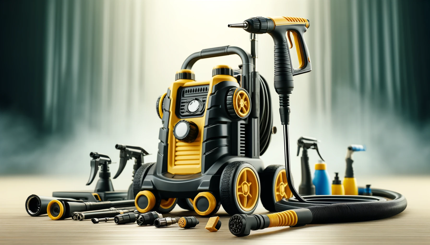 DALL·E-2024-04-30-12.02.55-A-portable-high-pressure-cleaner-in-yellow-and-black-colors.-The-device-is-compact-and-equipped-with-wheels-for-easy-mobility.-It-includes-various-acc