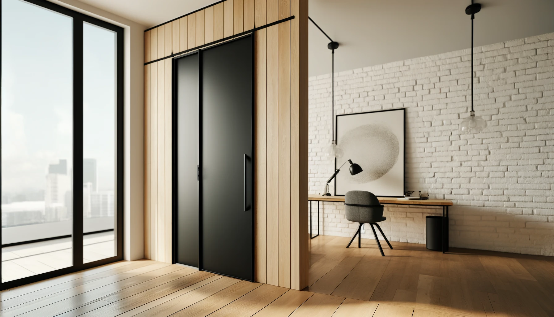 DALL·E-2024-04-30-12.10.39-A-modern-interior-featuring-a-black-sliding-door-set-in-a-light-wood-partition-creating-an-elegant-contrast.-The-setting-includes-a-workspace-with-a-