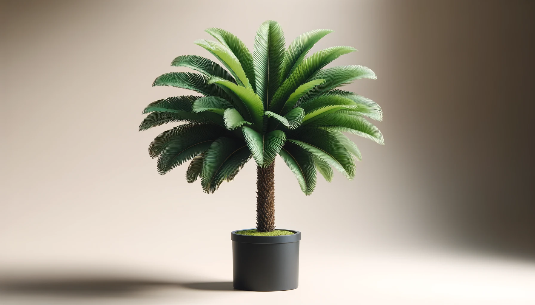 DALL·E-2024-04-30-13.40.11-Create-a-16_9-FullHD-image-of-an-artificial-cycas-palm-tree-in-a-simple-black-pot.-The-plant-should-feature-lush-green-fronds-radiating-from-a-centra
