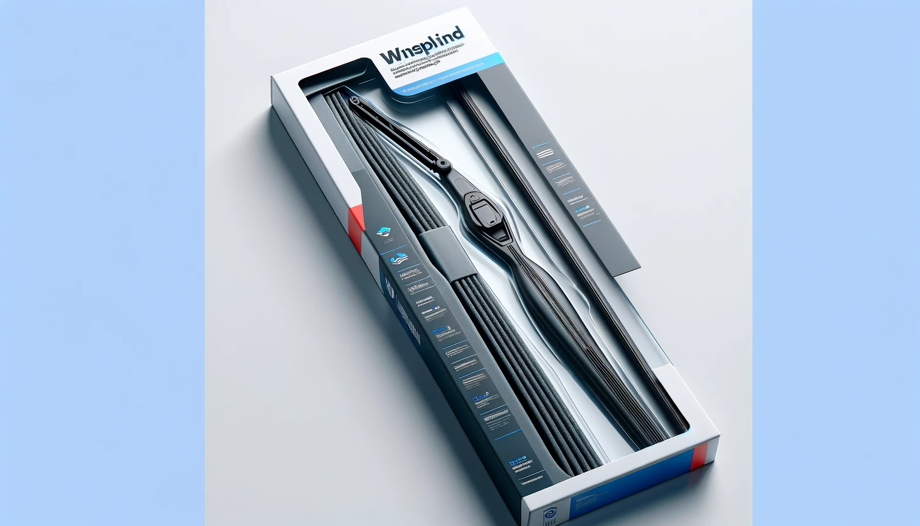 DALL·E-2024-04-30-13.51.29-A-car-windshield-wiper-in-its-vertical-packaging.-The-wiper-is-black-sleek-with-visible-rubber-details-and-a-metal-connector-at-one-end.-The-packagi