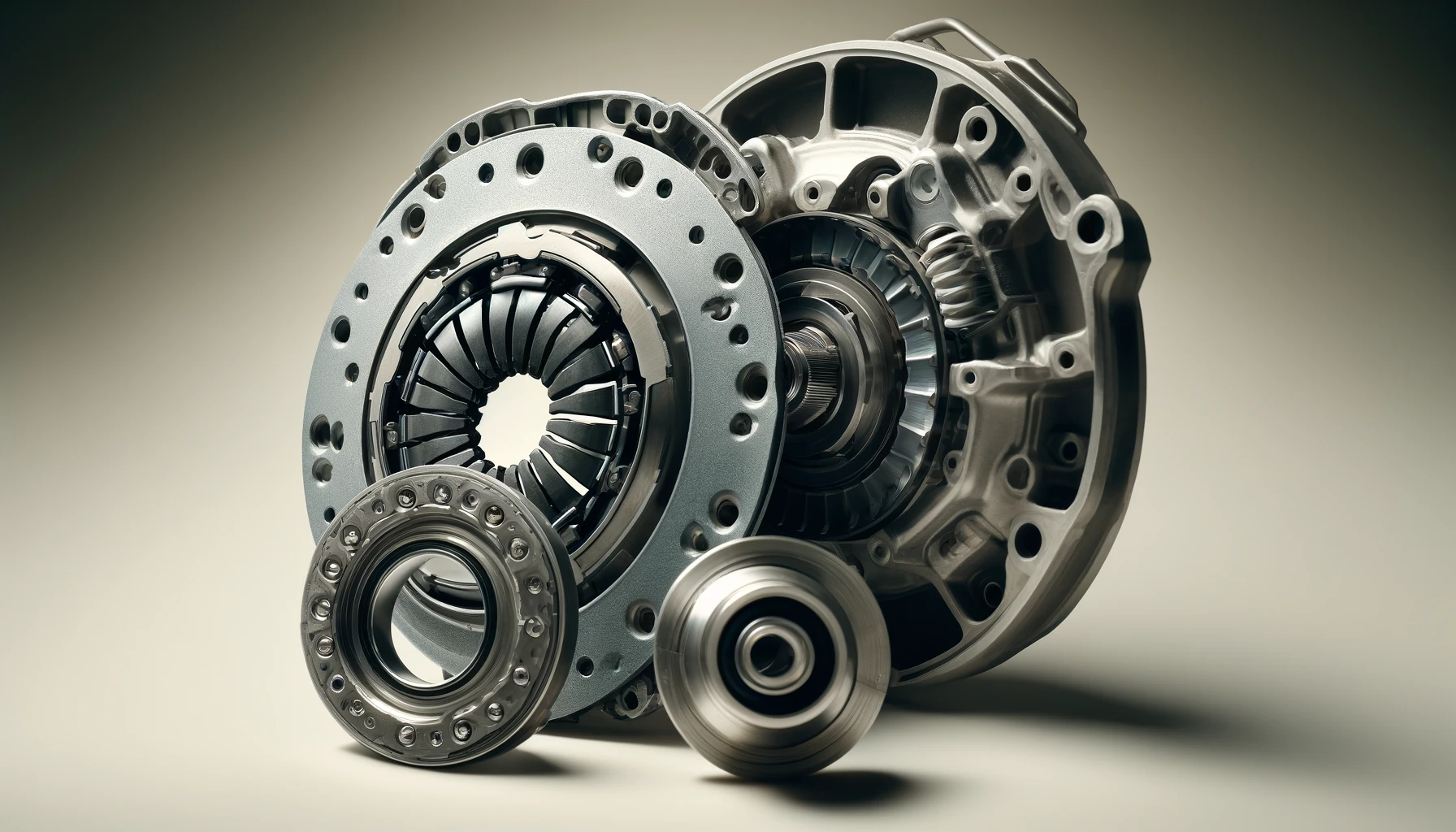 DALL·E-2024-04-30-14.38.40-An-image-showing-various-components-of-a-cars-clutch-including-the-clutch-disk-pressure-plate-and-release-bearing.-The-parts-are-metallic-with-com