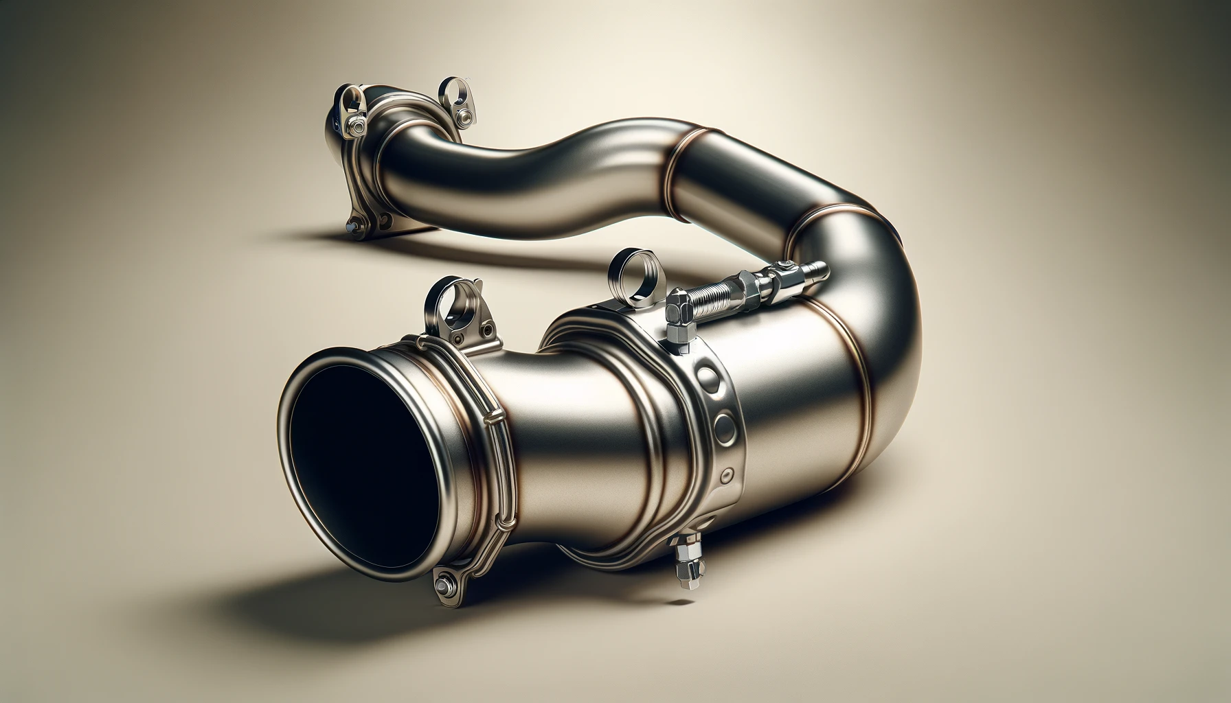 DALL·E-2024-04-30-17.01.23-A-vehicle-exhaust-system-part-featuring-a-curved-metal-pipe-with-a-wider-section-possibly-for-a-catalytic-converter.-The-pipe-is-metallic-with-a-smoo