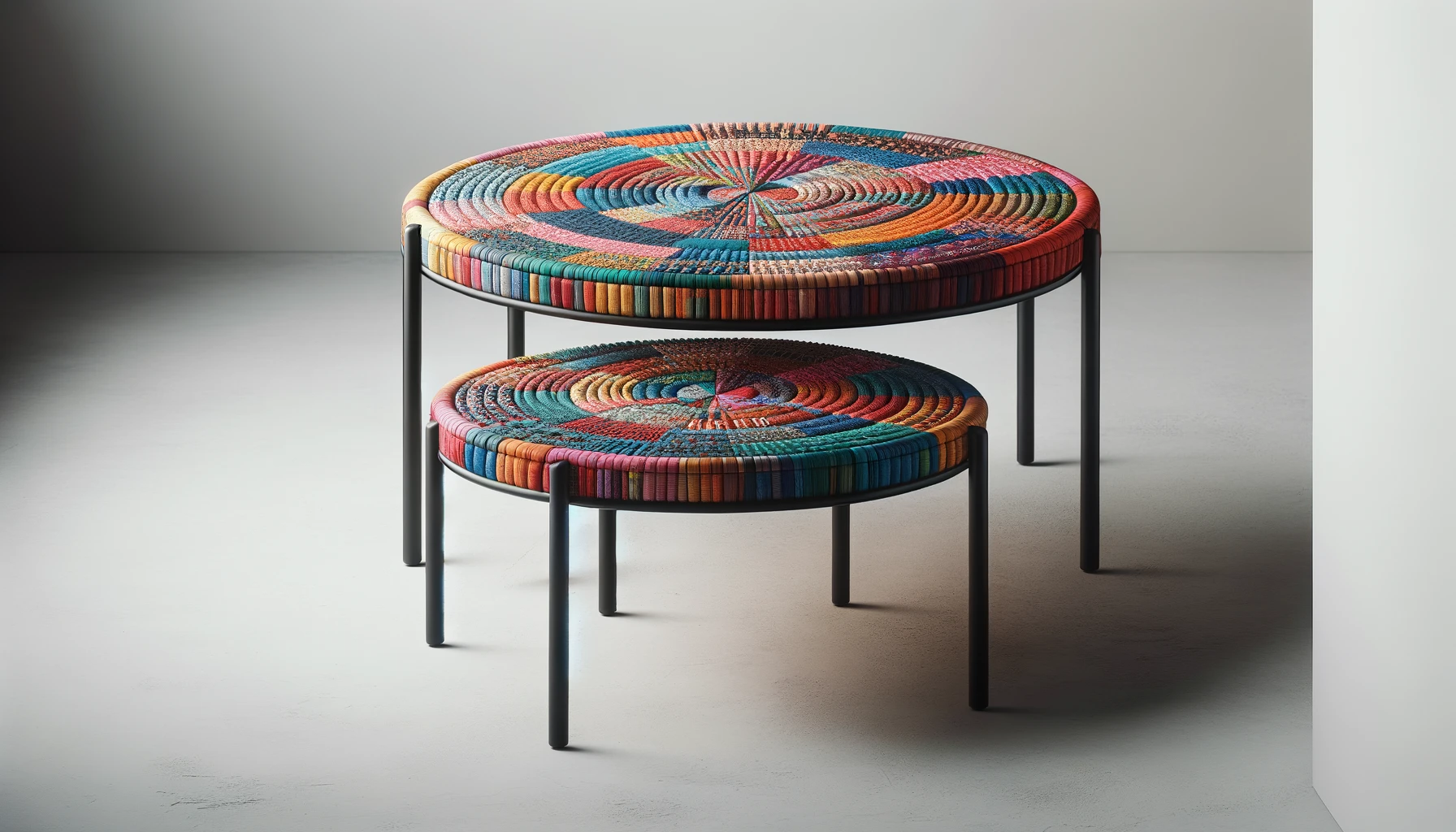 DALL·E-2024-04-30-17.29.43-Create-a-16_9-FullHD-image-of-two-colorful-woven-Chindi-style-coffee-tables.-Each-table-should-feature-a-vibrant-multicolored-top-made-from-intricate