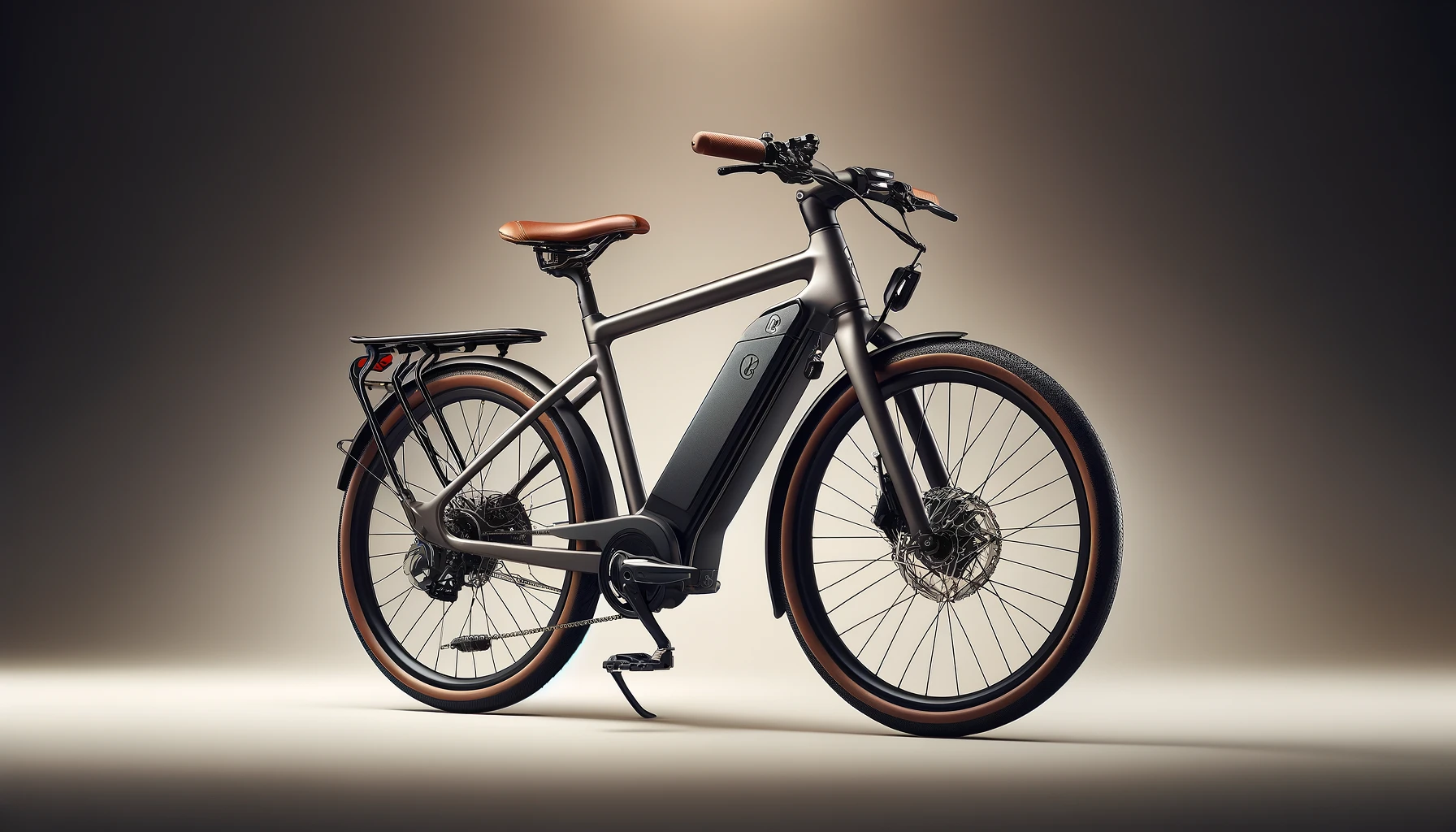 DALL·E-2024-05-02-08.58.23-A-sophisticated-electric-bicycle-with-a-V-shaped-dark-gray-frame-presented-in-a-horizontal-format.-The-bike-is-equipped-with-a-brown-leather-seat-br