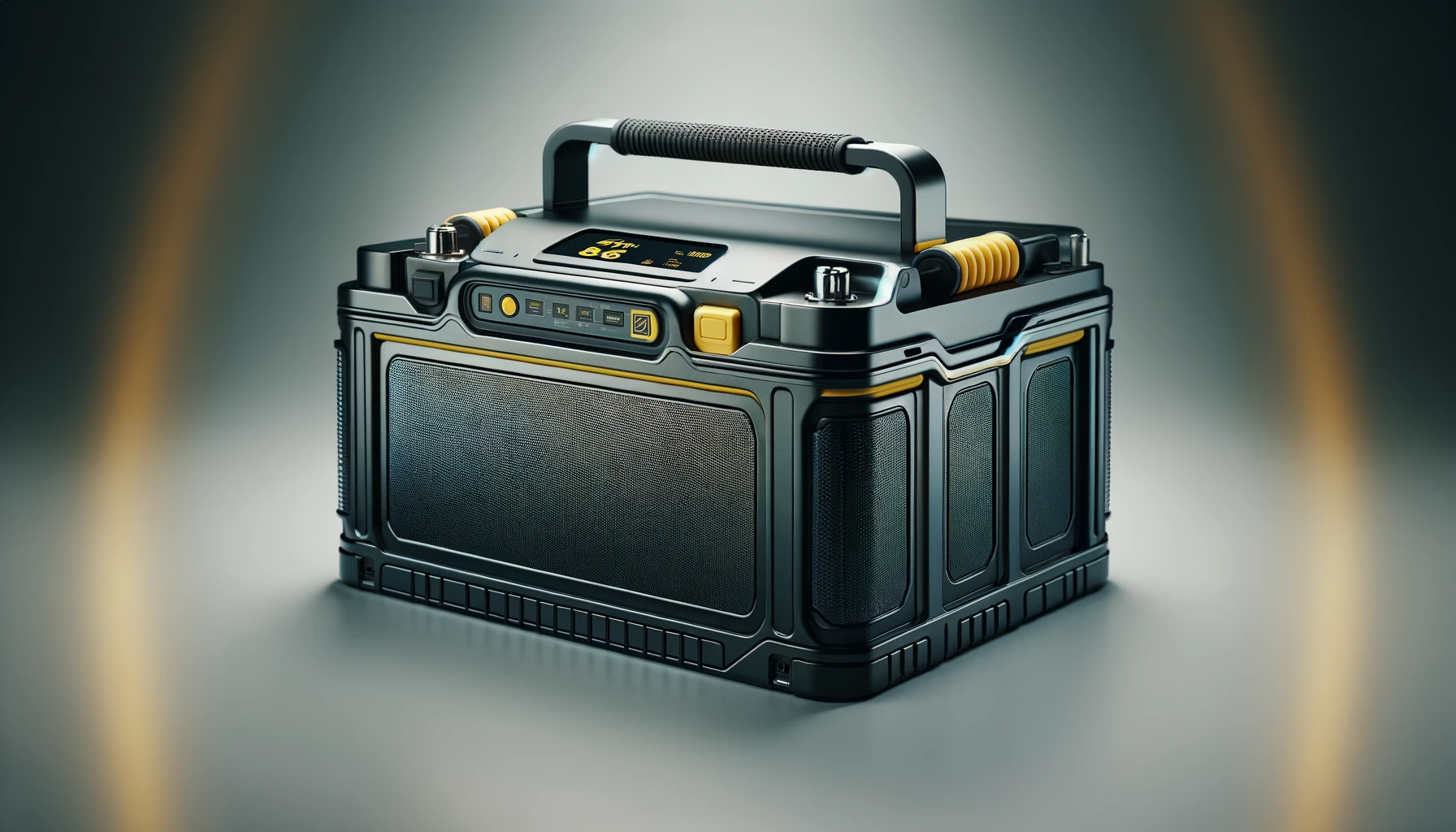 DALL·E-2024-05-02-10.24.38-A-modern-portable-car-battery-with-a-black-casing-and-yellow-details-featured-in-a-horizontal-format.-The-battery-includes-digital-displays-on-top-sh