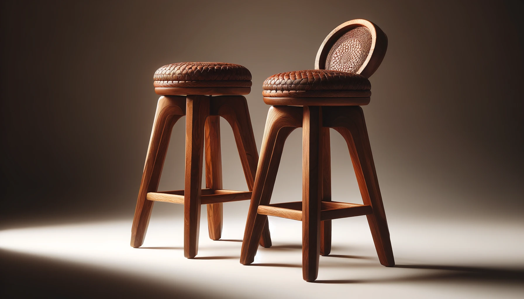 DALL·E-2024-05-02-14.12.47-Create-a-16_9-FullHD-image-of-a-pair-of-bar-stools-made-from-solid-acacia-wood-with-genuine-leather-seats.-Each-stool-should-have-a-high-slender-fram