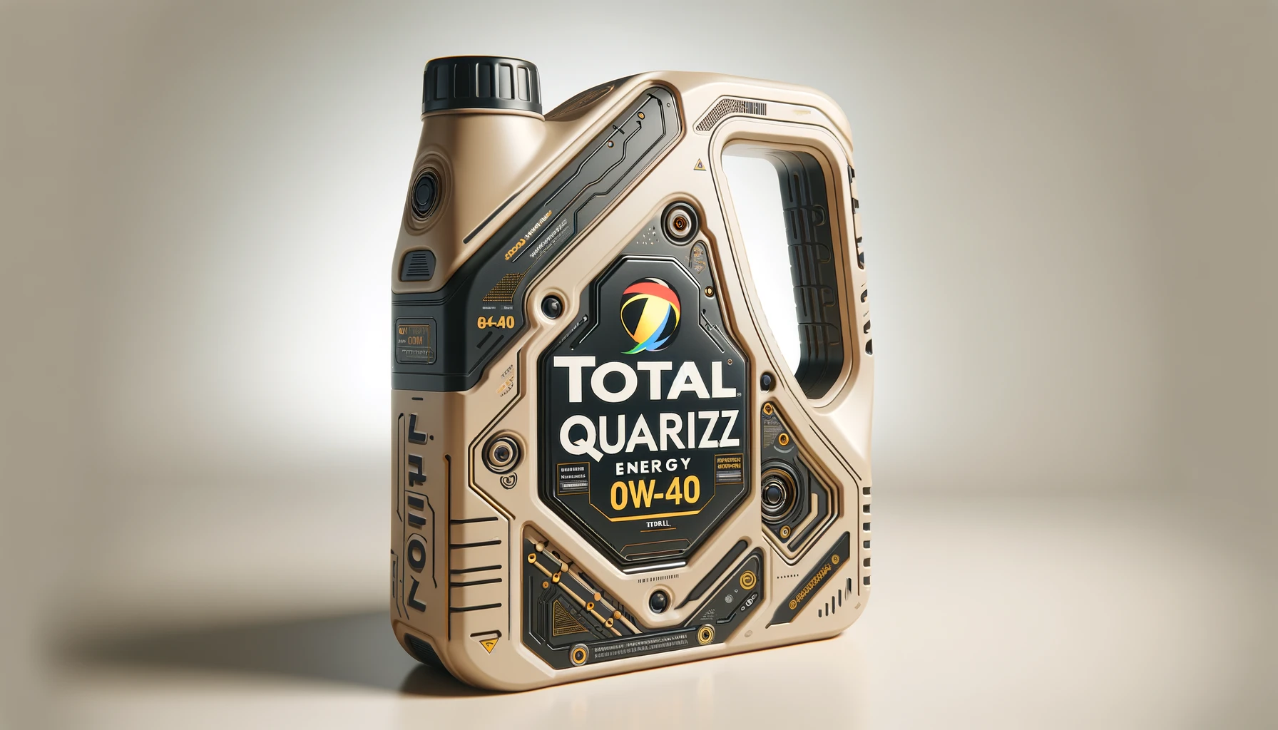 DALL·E-2024-05-03-07.22.15-Image-in-16_9-format-of-an-ergonomic-motor-oil-can-in-beige-with-a-complex-design-on-the-side-including-black-yellow-and-blue-touches.-The-front-fea