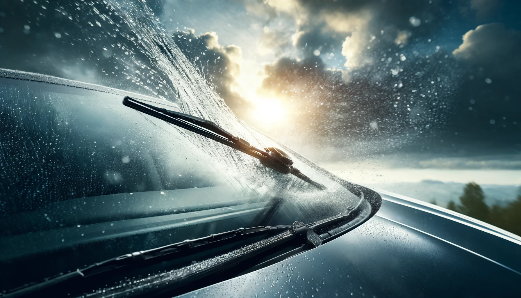 DALL·E-2024-05-03-07.32.13-Image-in-16_9-format-of-a-windshield-wiper-in-action-on-a-car-windshield-splashing-water-droplets-into-the-air.-The-background-shows-a-partly-cloudy-