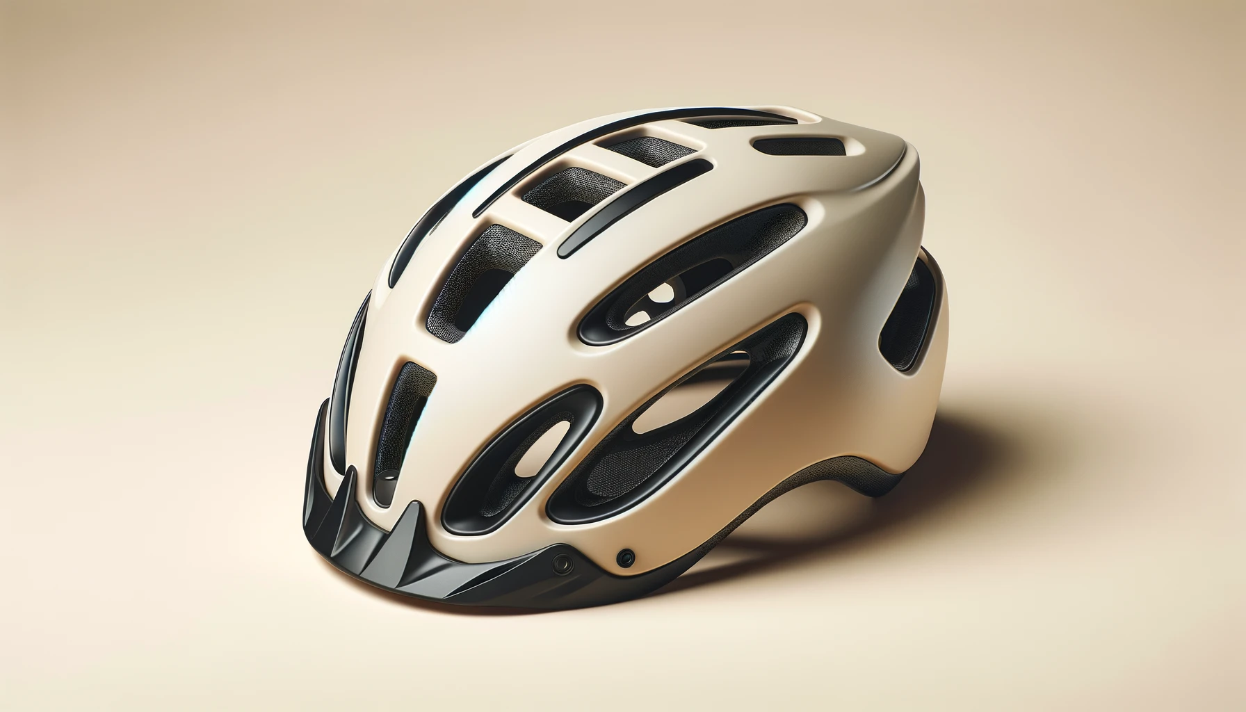 DALL·E-2024-05-03-09.54.45-Horizontal-format-image-of-a-modern-bicycle-helmet-in-cream-color-with-black-accents.-The-helmet-features-an-aerodynamic-design-with-multiple-ventilat