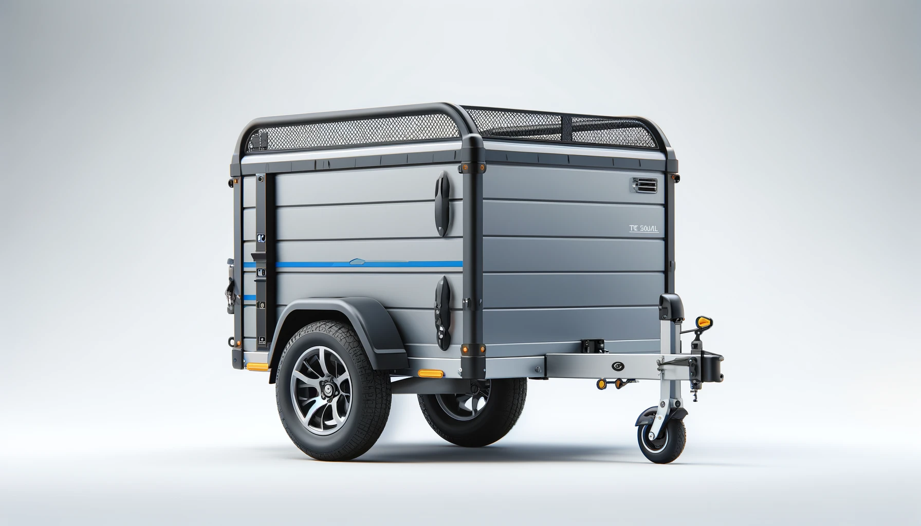 DALL·E-2024-05-03-13.17.15-A-modern-two-wheeled-utility-trailer-viewed-from-the-side.-The-trailer-has-a-sleek-and-functional-design-with-a-metallic-gray-body-and-blue-accents.-