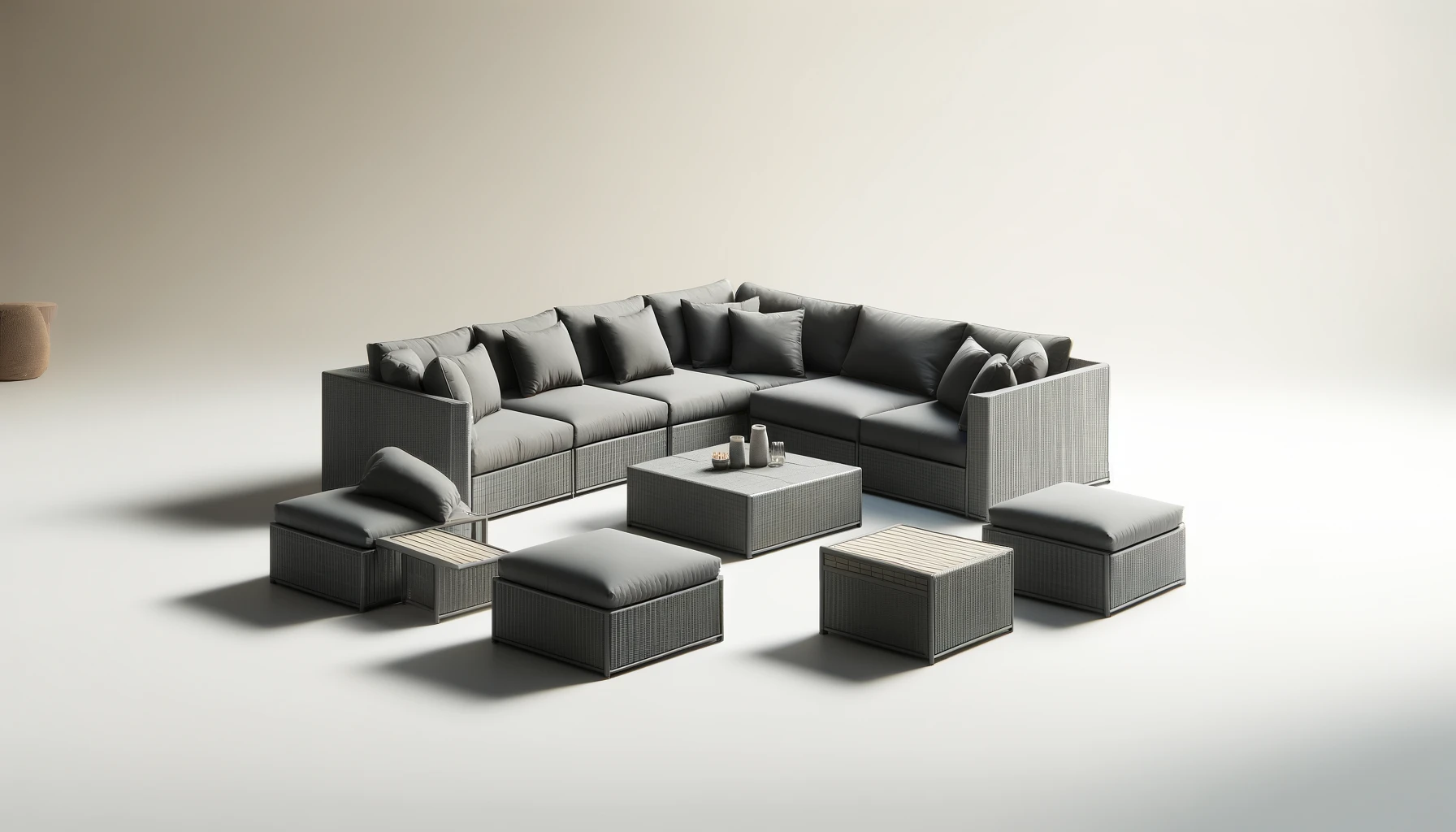 DALL·E-2024-05-03-13.29.49-Create-a-16_9-FullHD-image-of-a-modern-outdoor-lounge-set-in-grey-wicker.-The-set-should-include-various-modular-pieces_-a-corner-sofa-two-middle-sof