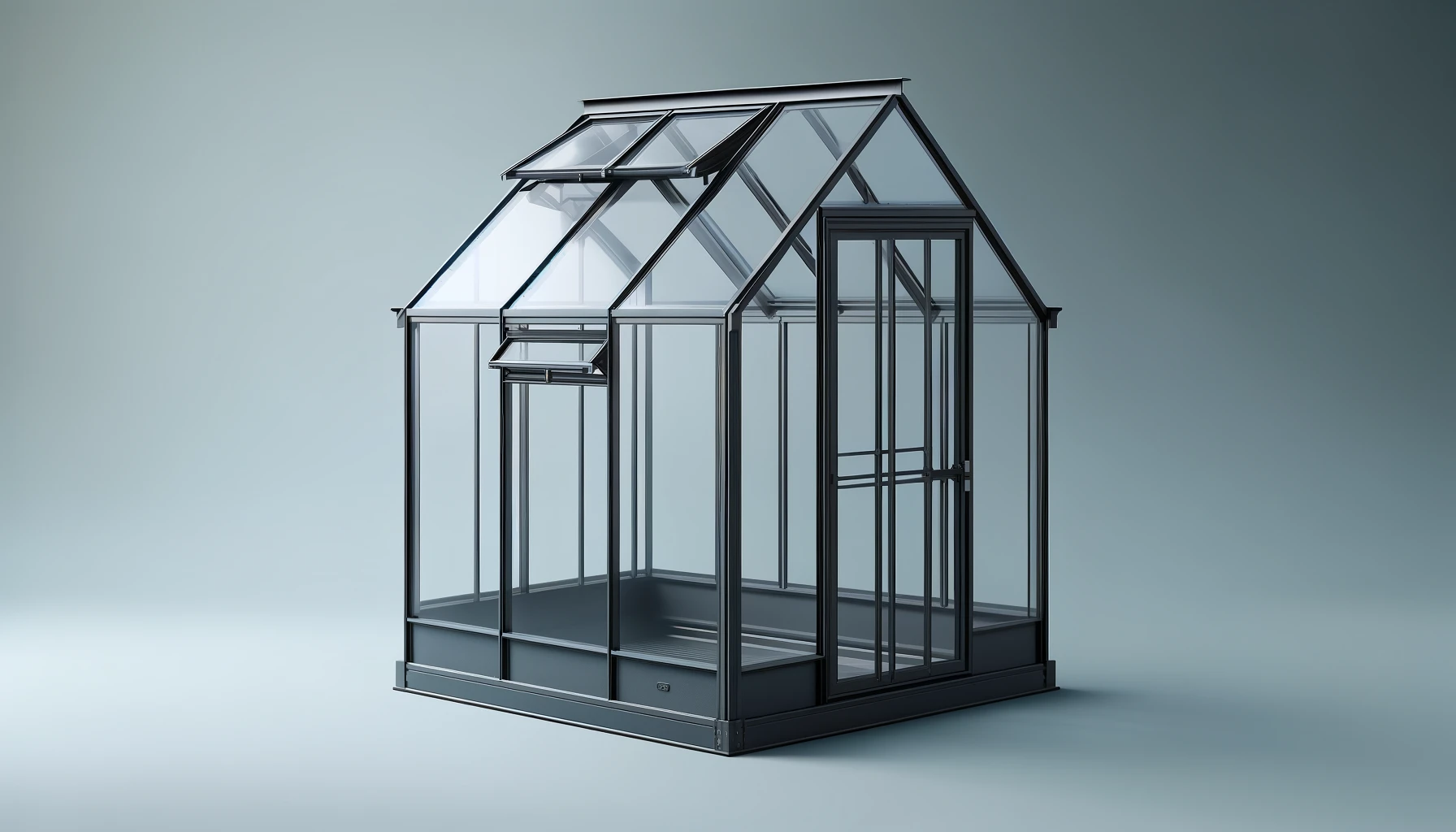 DALL·E-2024-05-03-16.30.11-Create-a-16_9-FullHD-image-of-a-small-greenhouse-made-from-anthracite-aluminum-and-clear-polycarbonate-panels.-The-structure-should-be-compact-design