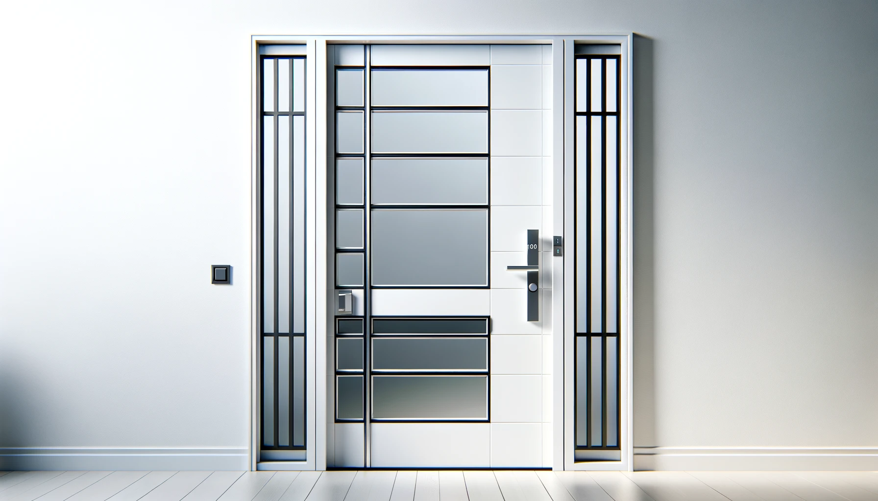 DALL·E-2024-05-03-19.36.40-Create-a-16_9-FullHD-image-of-a-modern-entry-door-made-of-aluminum-and-PVC-in-white.-The-door-should-be-100x200-cm-featuring-a-sleek-design-with-seve