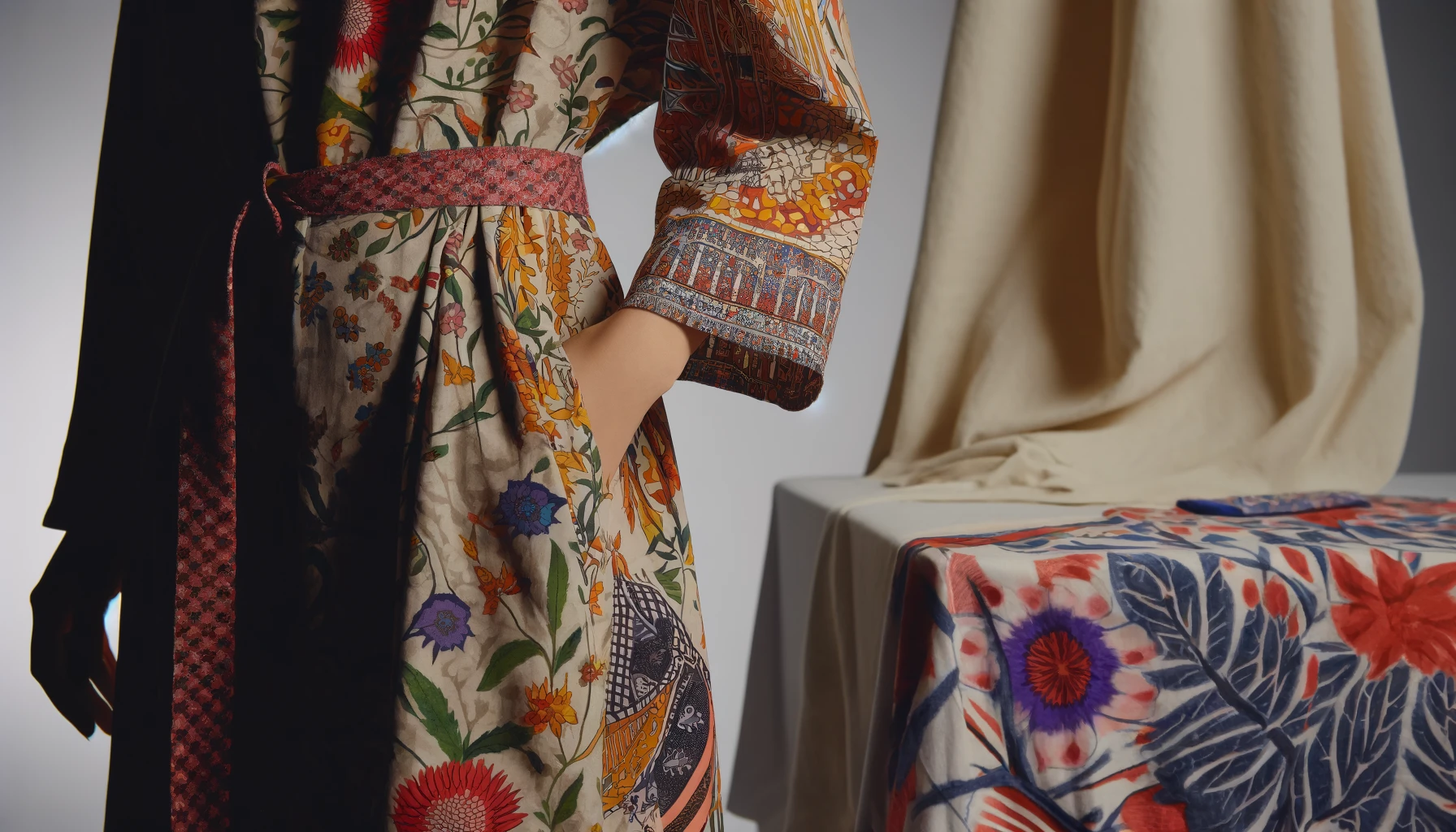 DALL·E-2024-05-07-13.44.12-A-close-up-photograph-of-a-womans-right-arm-and-waist-highlighting-a-colorful-patterned-dress-against-a-plain-background-in-a-fashion-studio.-The-dr