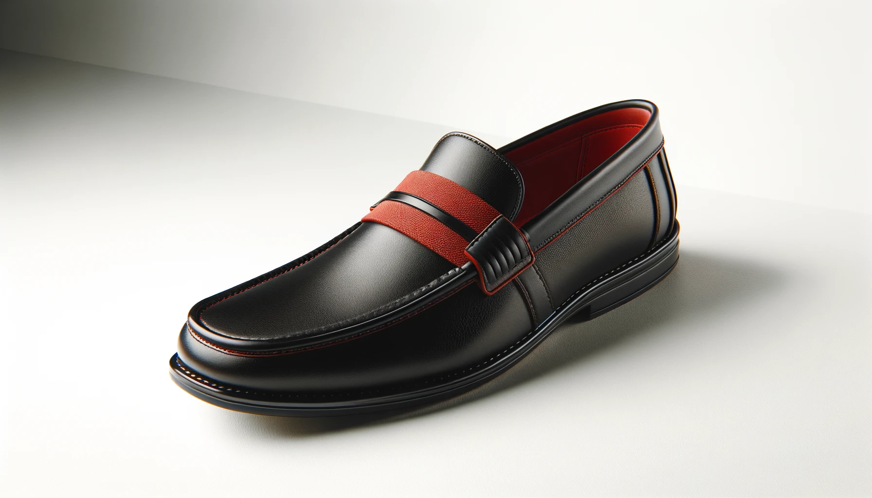 DALL·E-2024-05-07-14.04.52-A-photograph-of-a-single-mens-black-leather-loafer-with-a-distinctive-red-fabric-band-over-the-vamp-shown-from-a-side-angle.-The-shoe-is-designed-wi
