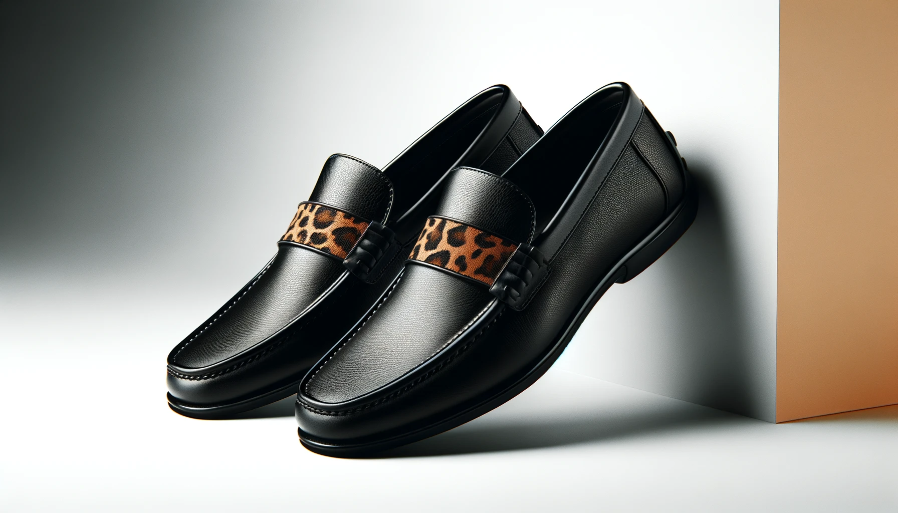 DALL·E-2024-05-07-14.09.57-A-high-quality-product-photograph-of-mens-black-leather-loafers-with-a-leopard-print-band-across-the-vamp.-The-shoes-are-viewed-from-the-side-to-emph