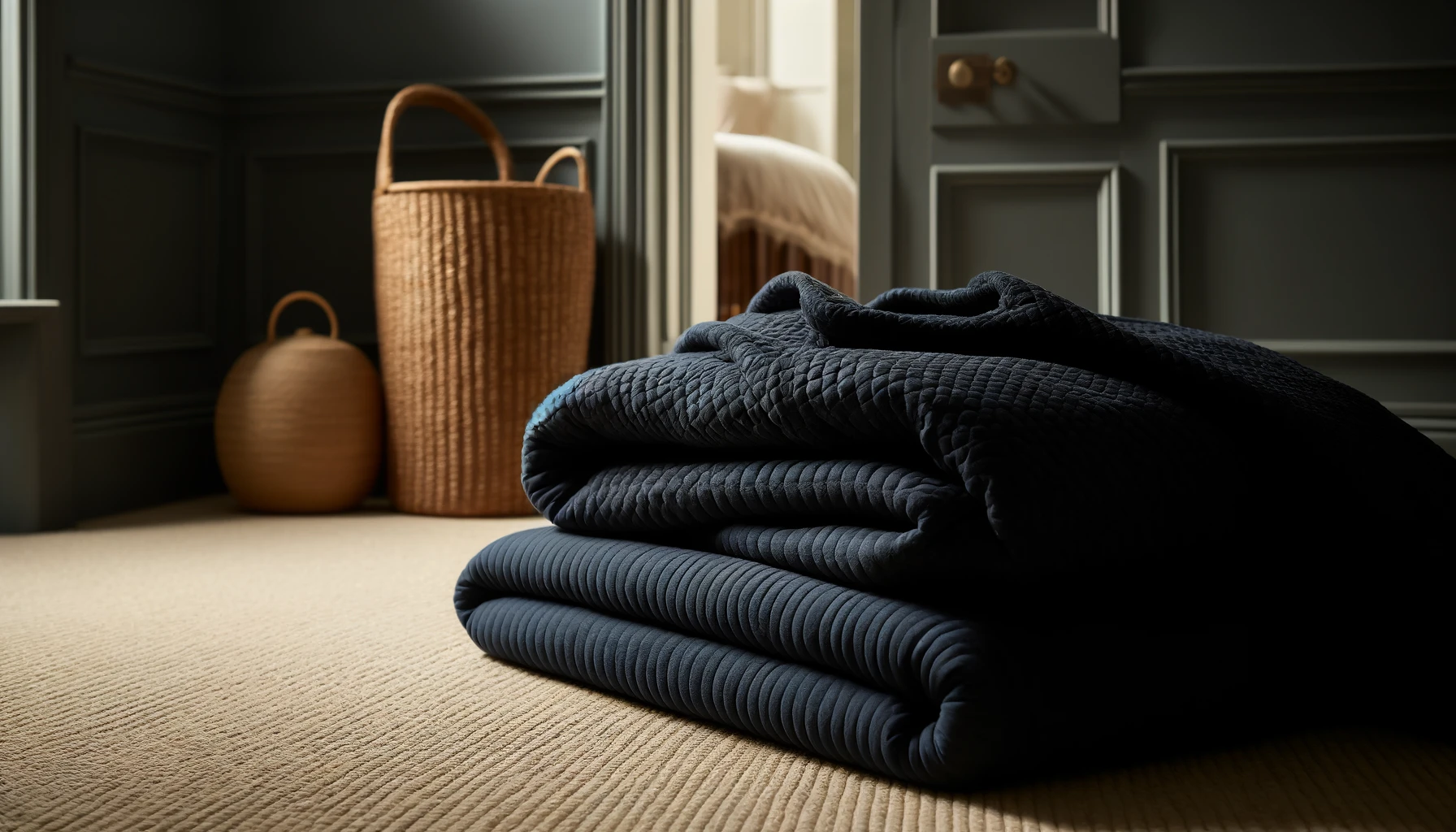 DALL·E-2024-05-07-14.43.33-An-interior-scene-featuring-a-luxurious-dark-navy-blue-flannel-comforter-folded-in-layers-on-a-textured-beige-carpet.-In-the-background-a-woven-natur