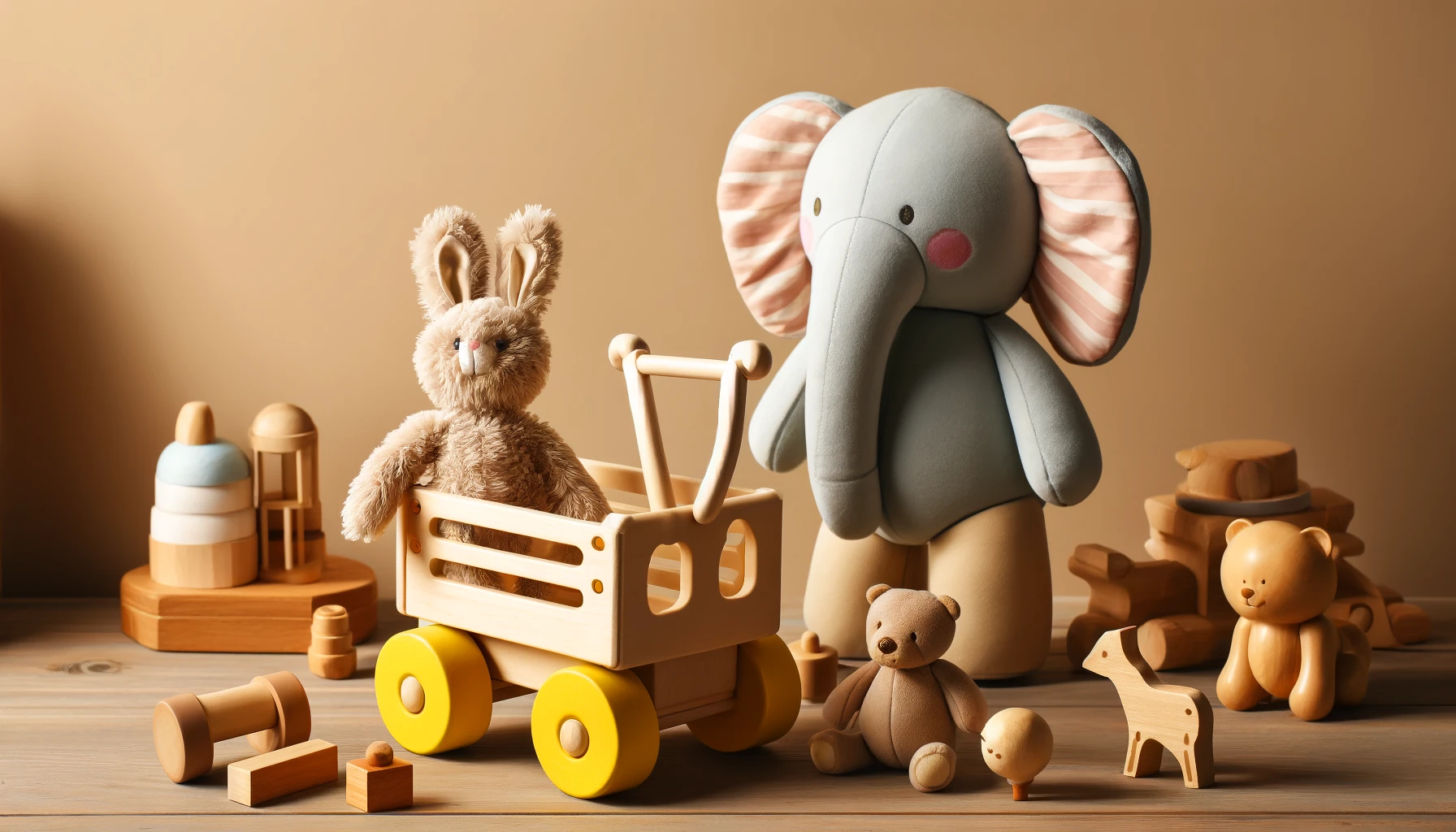 DALL·E-2024-05-07-16.08.08-A-wooden-toy-cart-resembling-an-elephant-with-yellow-wheels-holds-a-plush-rabbit.-Beside-the-cart-a-plush-bear-is-pushing-it-while-various-wooden-an