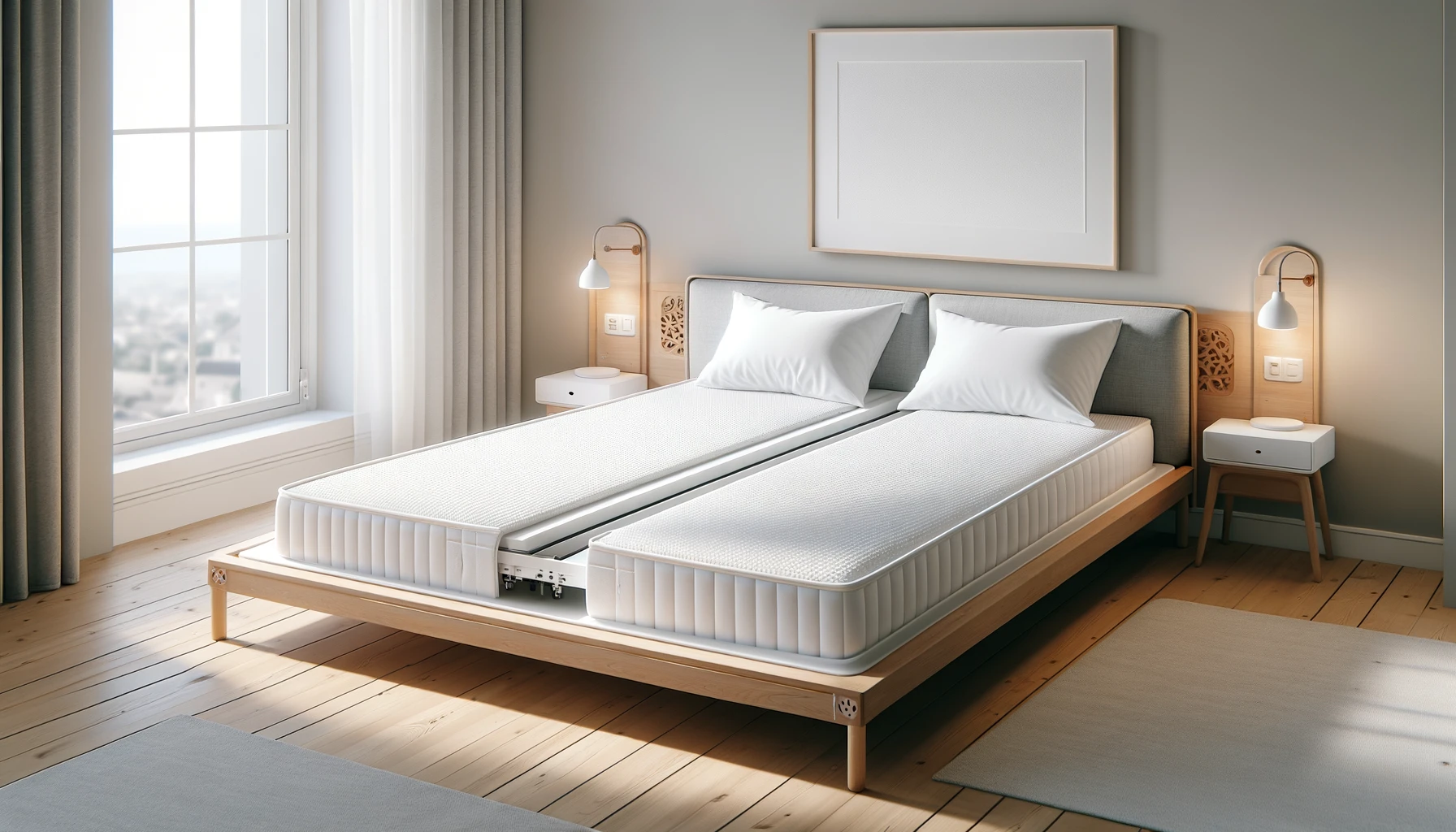 DALL·E-2024-05-07-16.21.15-Modern-bedroom-featuring-a-unique-double-bed-with-an-adjustable-split-mattress-each-half-covered-with-a-white-fitted-sheet.-The-bed-is-set-on-a-styli