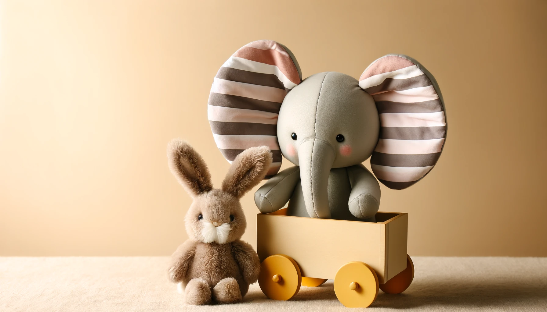 DALL·E-2024-05-07-16.37.55-A-plush-elephant-with-large-ears-in-striped-pink-and-gray-colors-sits-next-to-a-plush-rabbit-in-a-small-wooden-cart.-The-cart-has-yellow-wheels-and-is