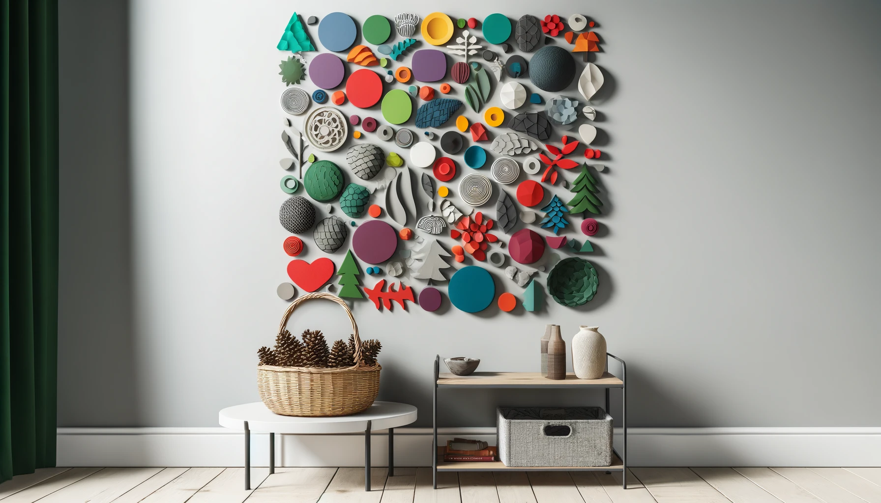 DALL·E-2024-05-07-17.04.56-A-colorful-wall-decoration-composed-of-various-shapes-and-textures-dominates-the-wall.-The-main-colors-include-green-red-blue-purple-yellow-and-o