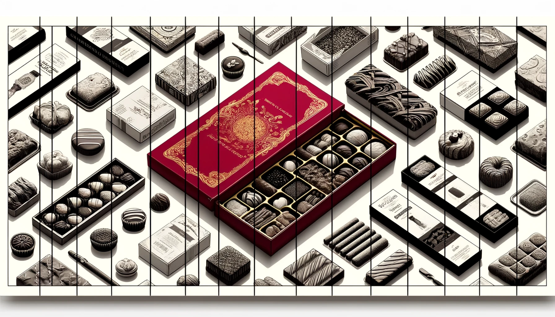 DALL·E-2024-05-07-19.40.08-Create-a-wide-image-of-an-assortment-of-food-products-primarily-chocolates-and-cookies-neatly-arranged-in-a-row-on-a-white-background.-The-products-