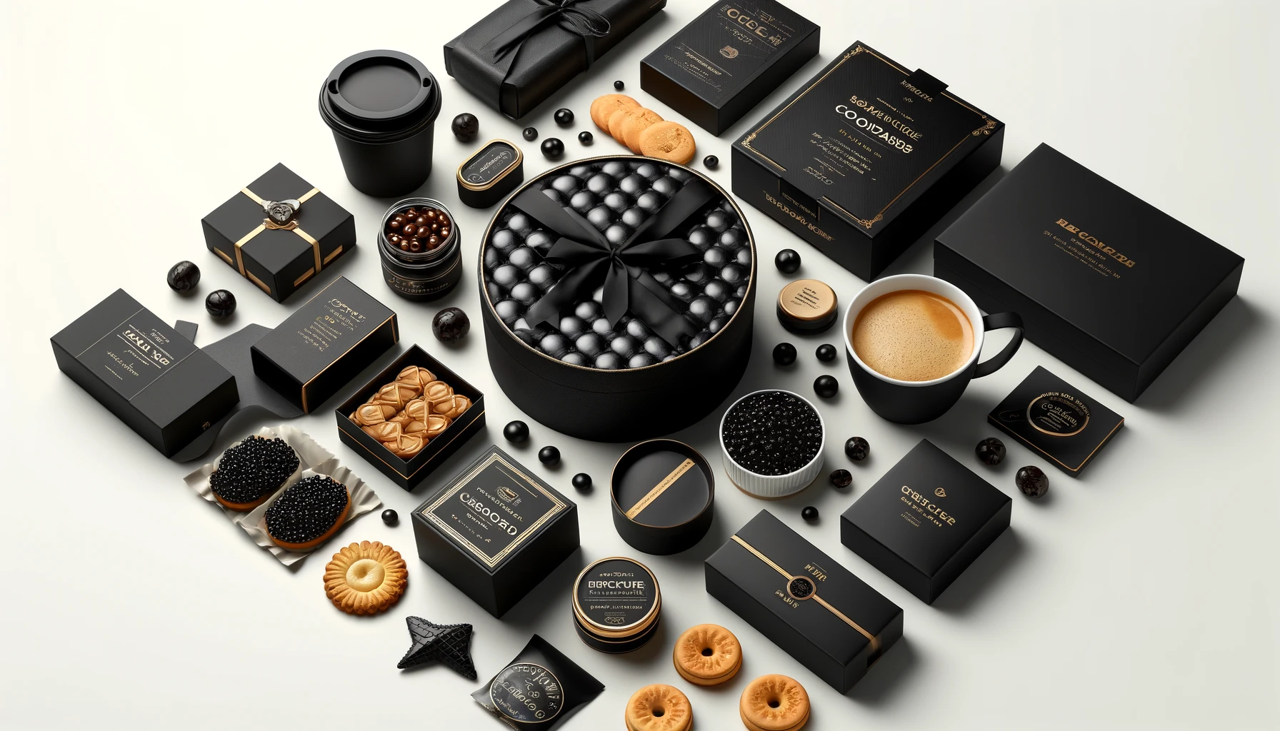 DALL·E-2024-05-07-20.17.01-Create-a-wide-image-of-a-luxury-food-product-assortment-on-a-white-background-including-black-textured-round-boxes-caviar-boxes-biscuit-boxes-and-
