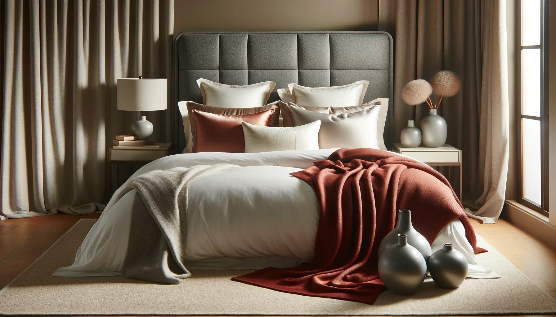 DALL·E-2024-05-07-20.23.11-A-luxurious-bedroom-scene-featuring-a-neatly-made-bed-with-a-headboard-upholstered-in-grey-fabric.-On-the-bed-are-several-pillows-including-a-long-cy