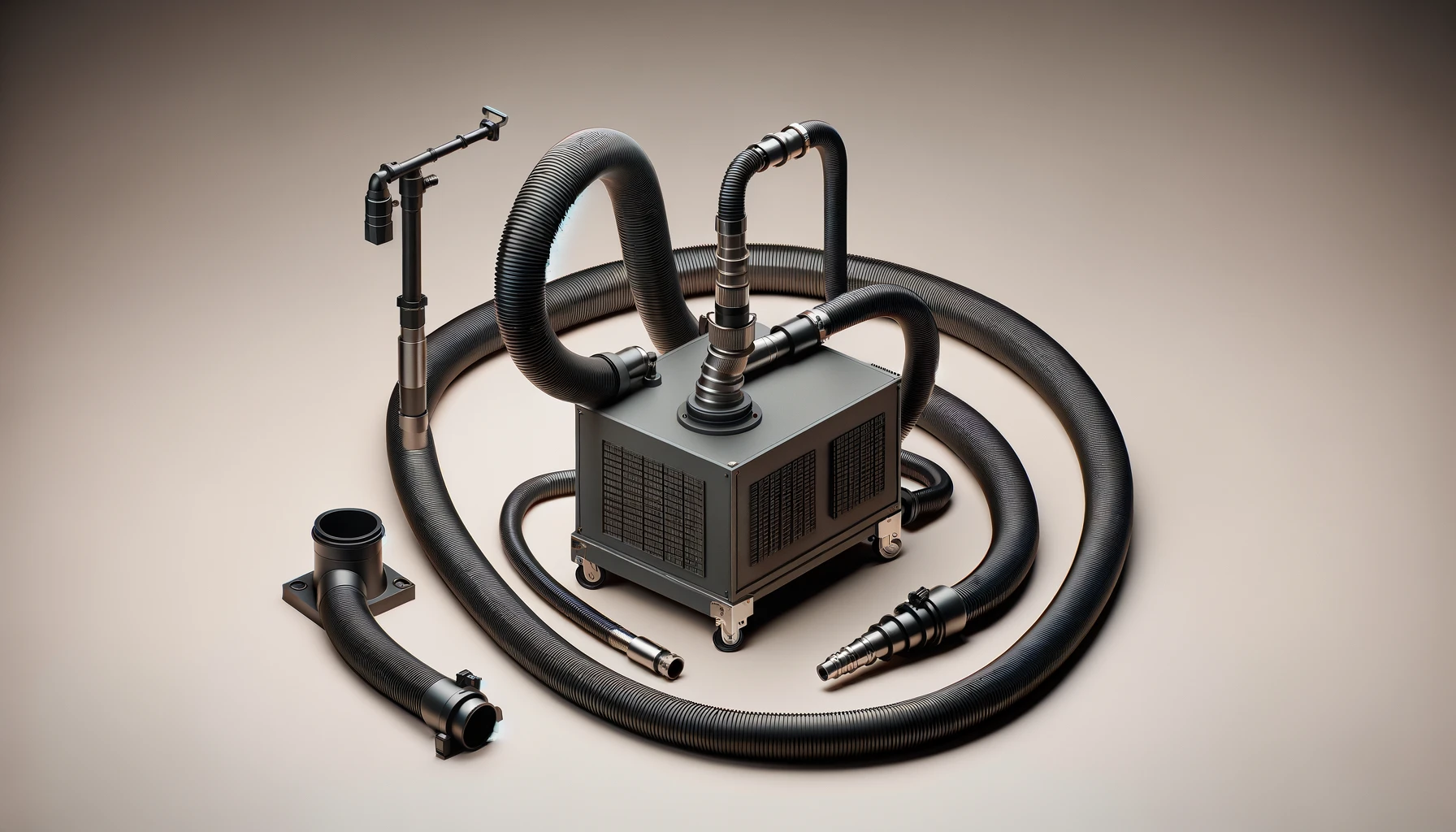 DALL·E-2024-05-08-07.00.13-An-industrial-extraction-equipment-including-a-snake-shaped-articulated-suction-arm-connected-to-a-cubic-main-unit-via-a-long-black-hose.-A-detached-b