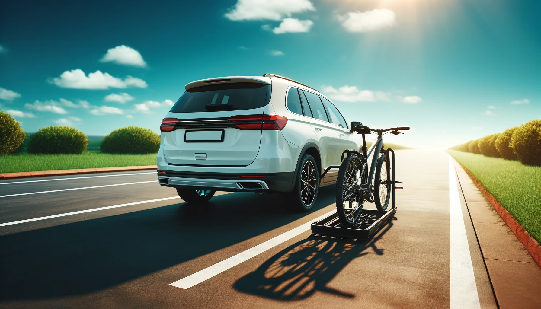 DALL·E-2024-05-08-07.59.56-A-white-car-parked-on-a-paved-road-with-a-bike-rack-attached-at-the-rear.-The-background-shows-a-bright-blue-sky-and-green-grass-along-the-pavement