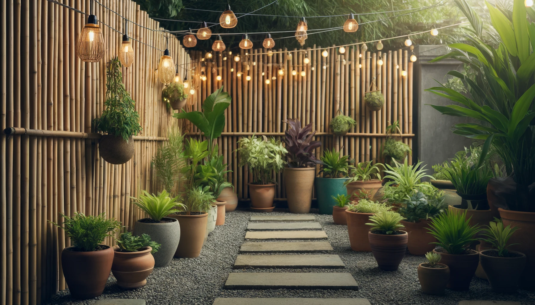 DALL·E-2024-05-08-08.39.10-A-bamboo-fence-surrounded-by-potted-plants-with-string-lights-hanging-above.-The-background-is-an-outdoor-garden-setting-with-gravel-on-the-ground