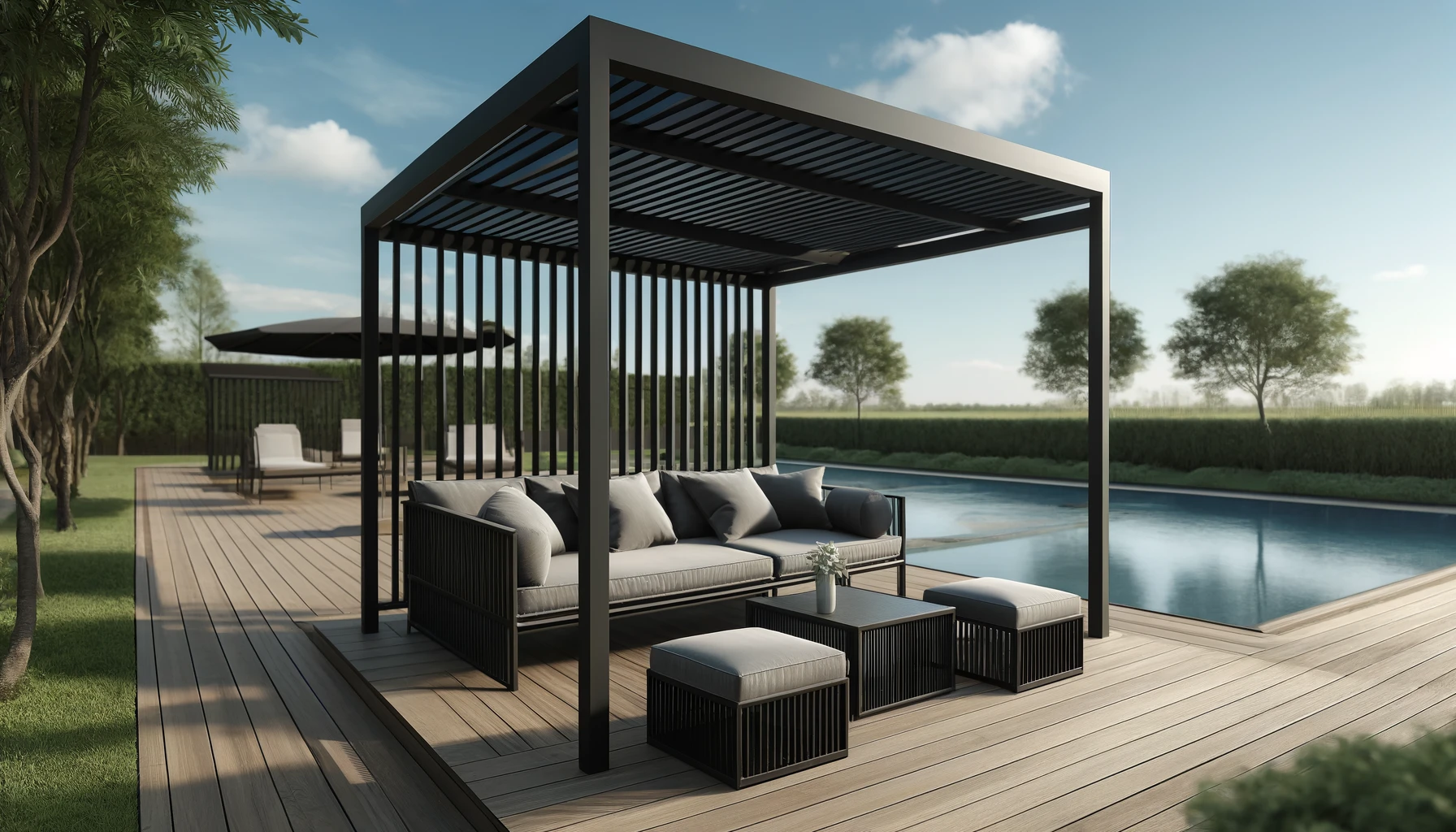 DALL·E-2024-05-08-08.46.28-A-modern-black-pergola-on-a-wooden-deck-furnished-with-a-set-of-cushioned-seats-and-a-coffee-table.-The-background-includes-a-clear-sky-and-a-swimmin