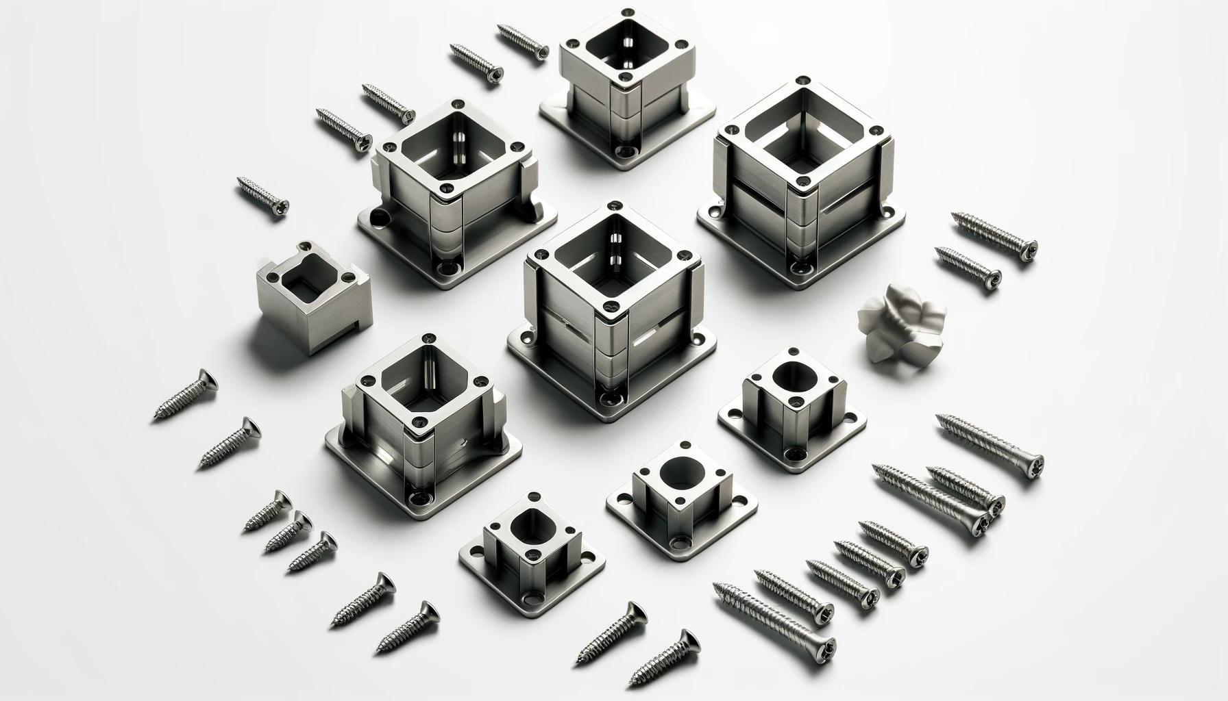 DALL·E-2024-05-08-08.53.56-A-set-of-square-metal-brackets-with-screws.-Each-bracket-is-mounted-on-a-square-base-and-includes-corresponding-screws-all-displayed-on-a-white-backg