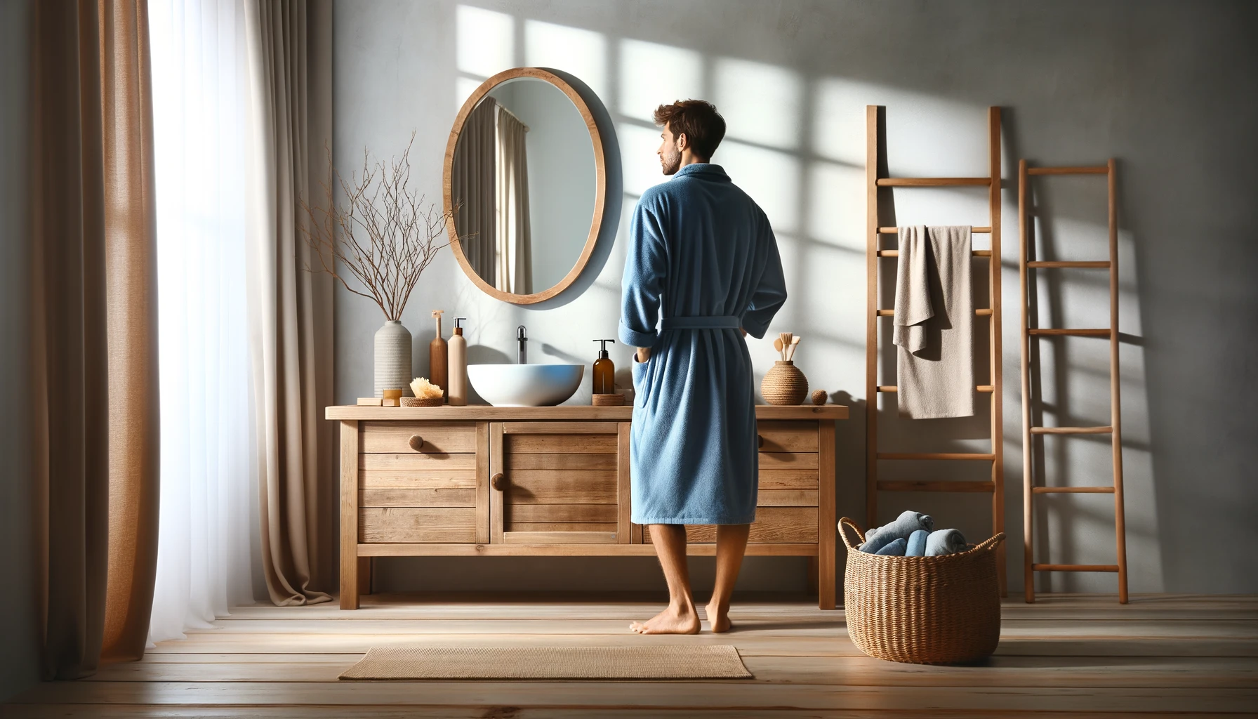 DALL·E-2024-05-08-11.24.41-A-modern-bathroom-featuring-a-man-in-a-blue-bathrobe-standing-in-front-of-a-rustic-wooden-vanity-table-and-a-full-length-oval-mirror.-The-bathroom-is-