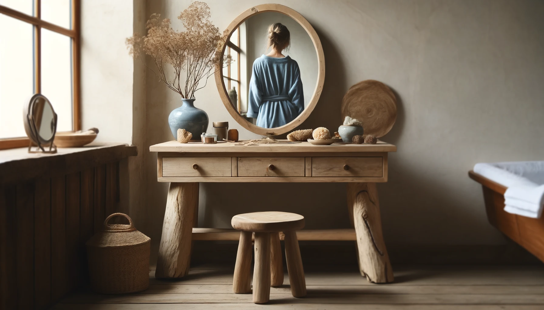 DALL·E-2024-05-08-11.43.32-A-rustic-vanity-table-with-a-large-oval-mirror-reflecting-a-person-in-a-blue-bathrobe.-The-vanity-table-is-made-from-natural-wood-with-uneven-legs-gi