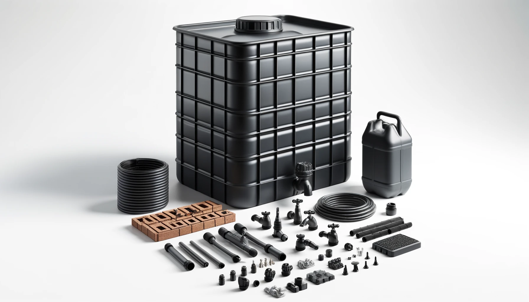 DALL·E-2024-05-08-11.50.42-A-rainwater-harvesting-kit-including-a-large-black-rectangular-reservoir-with-a-brick-like-pattern-and-several-accessories-such-as-taps-hoses-and-c