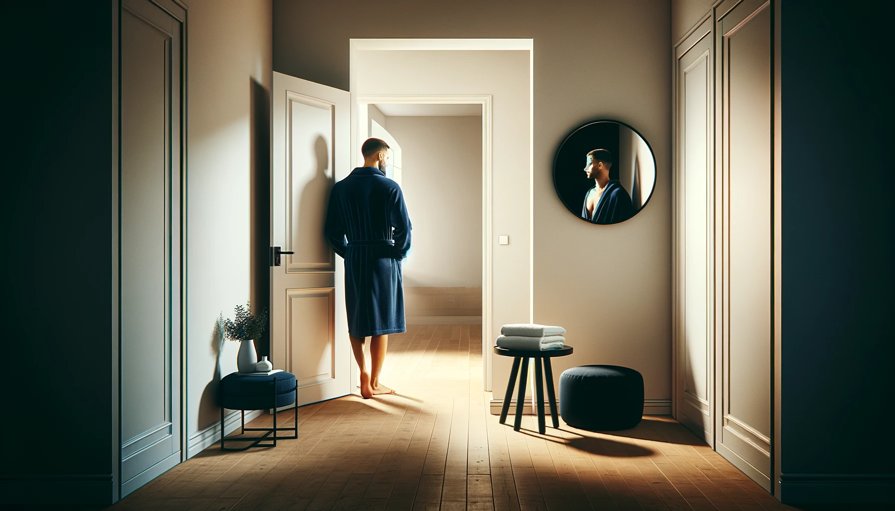 DALL·E-2024-05-08-12.02.13-A-stylish-minimalistic-hallway-with-soft-natural-light.-A-man-in-a-deep-blue-bathrobe-stands-near-an-open-door-reflecting-in-a-large-round-mirror-mo