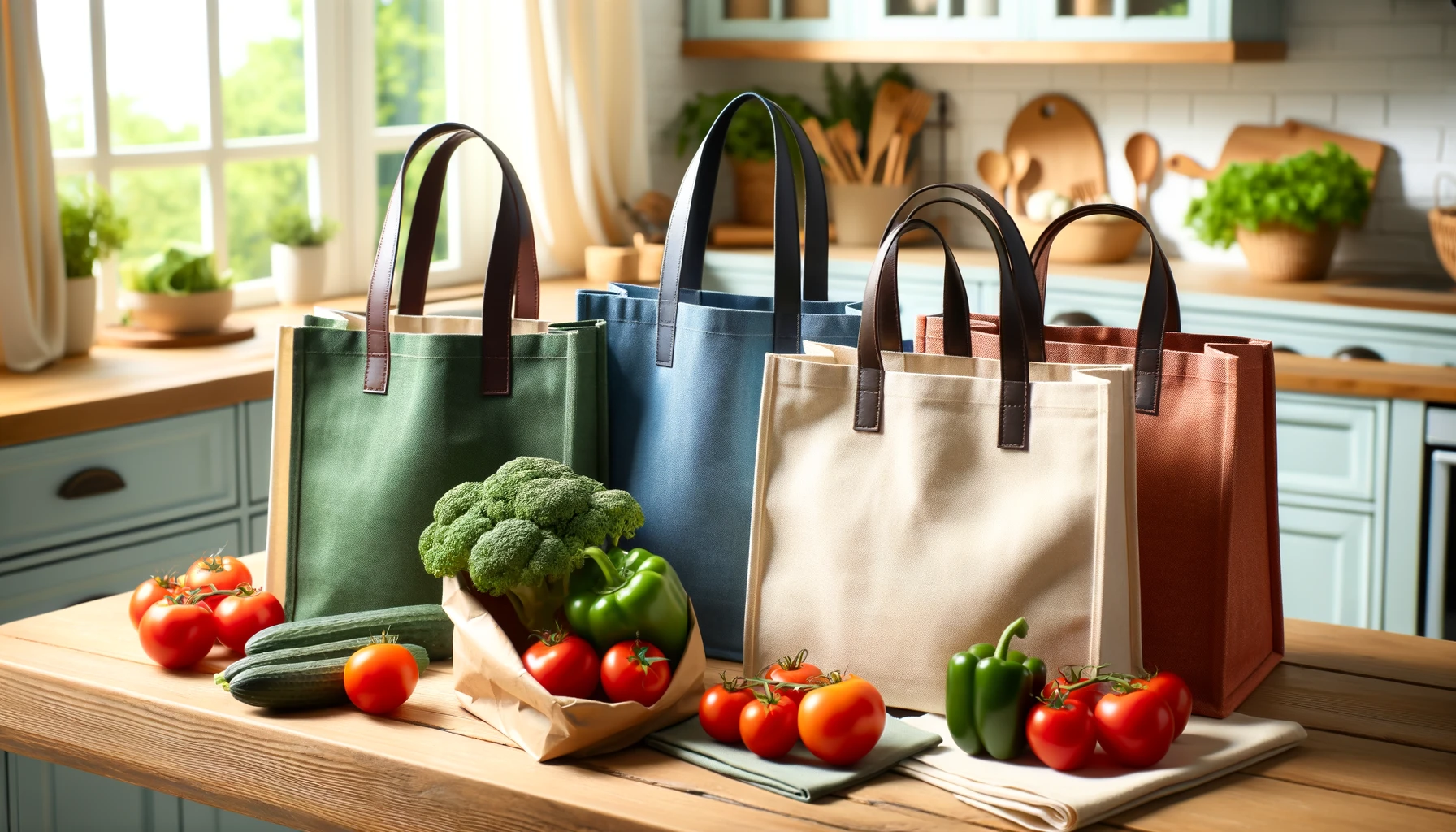 DALL·E-2024-05-08-12.33.40-A-collection-of-colorful-tote-bags-displayed-neatly-on-a-wooden-counter-by-a-large-window.-The-bags-are-made-of-canvas-in-shades-of-green-blue-and-r