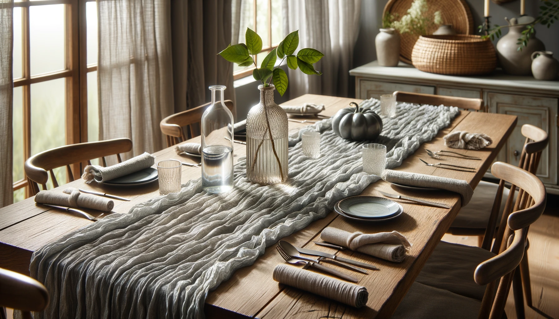 DALL·E-2024-05-08-13.09.55-A-rustic-dining-table-with-a-luxurious-crinkled-silver-grey-table-runner.-On-top-of-the-runner-is-a-glass-vase-with-a-few-fresh-green-leaves-and-a-ta