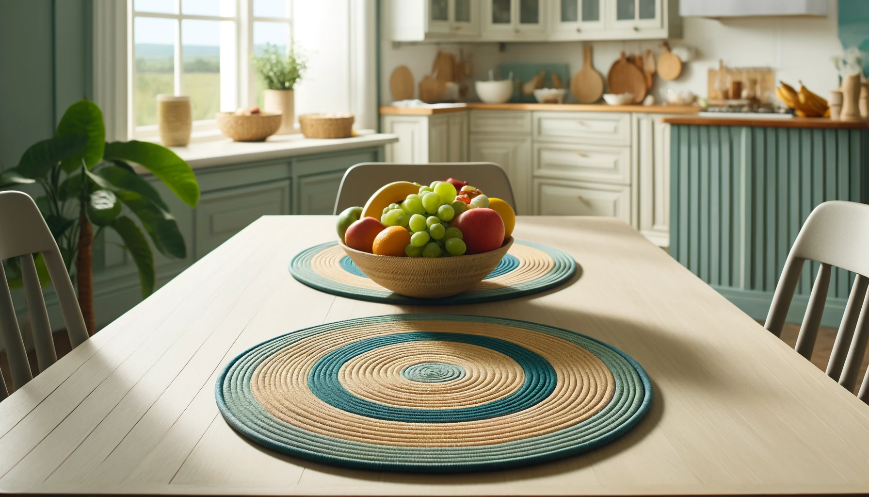 DALL·E-2024-05-08-13.19.22-A-dining-table-with-two-asymmetrical-round-placemats-woven-from-natural-fibers-featuring-concentric-circles-in-teal-beige-and-yellow.-A-bowl-filled